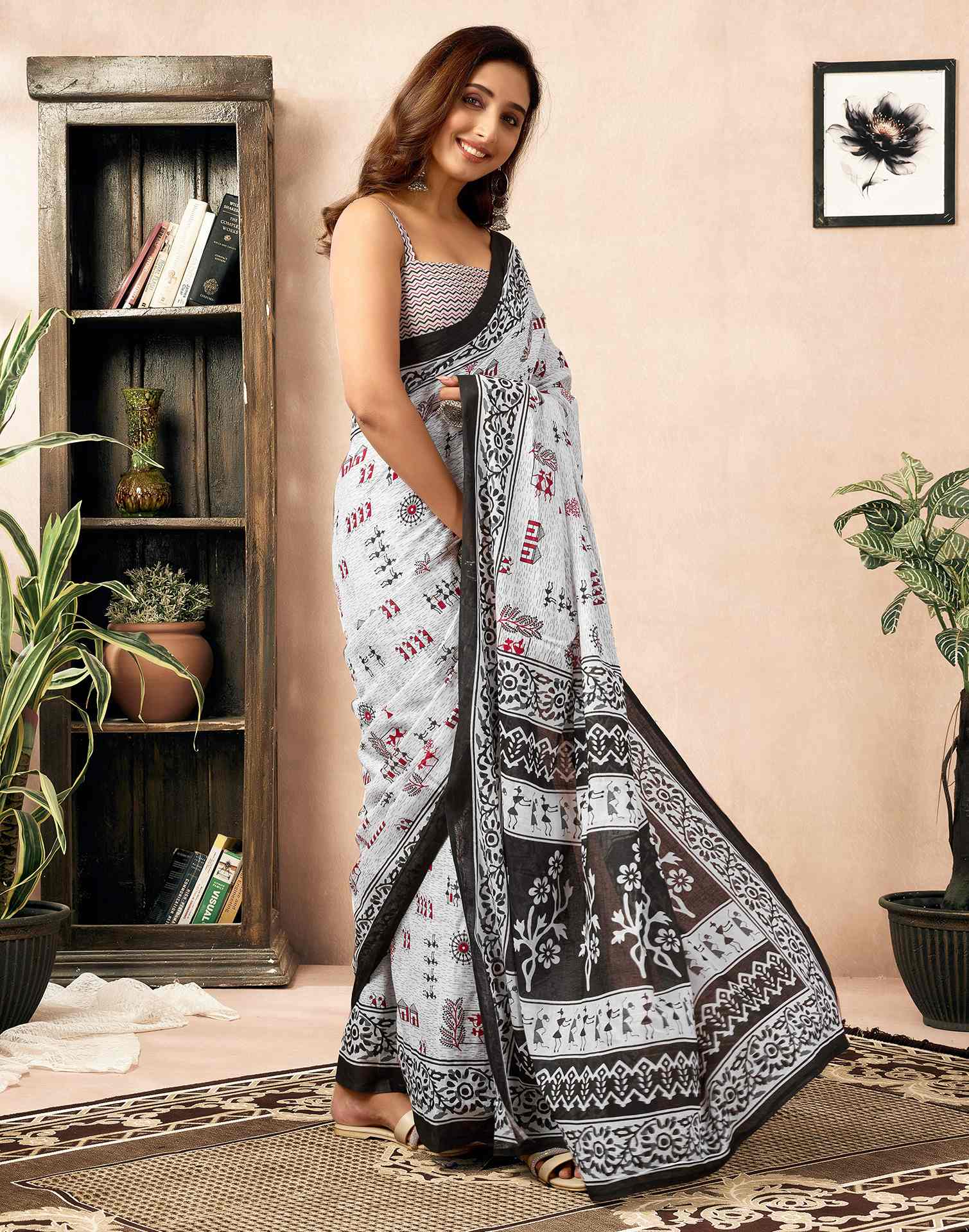 Ready To Wear White Cotton Printed Saree - Image 5