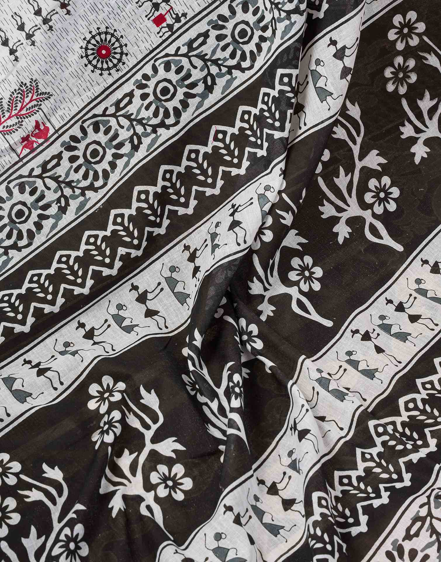 Ready To Wear White Cotton Printed Saree - Image 8