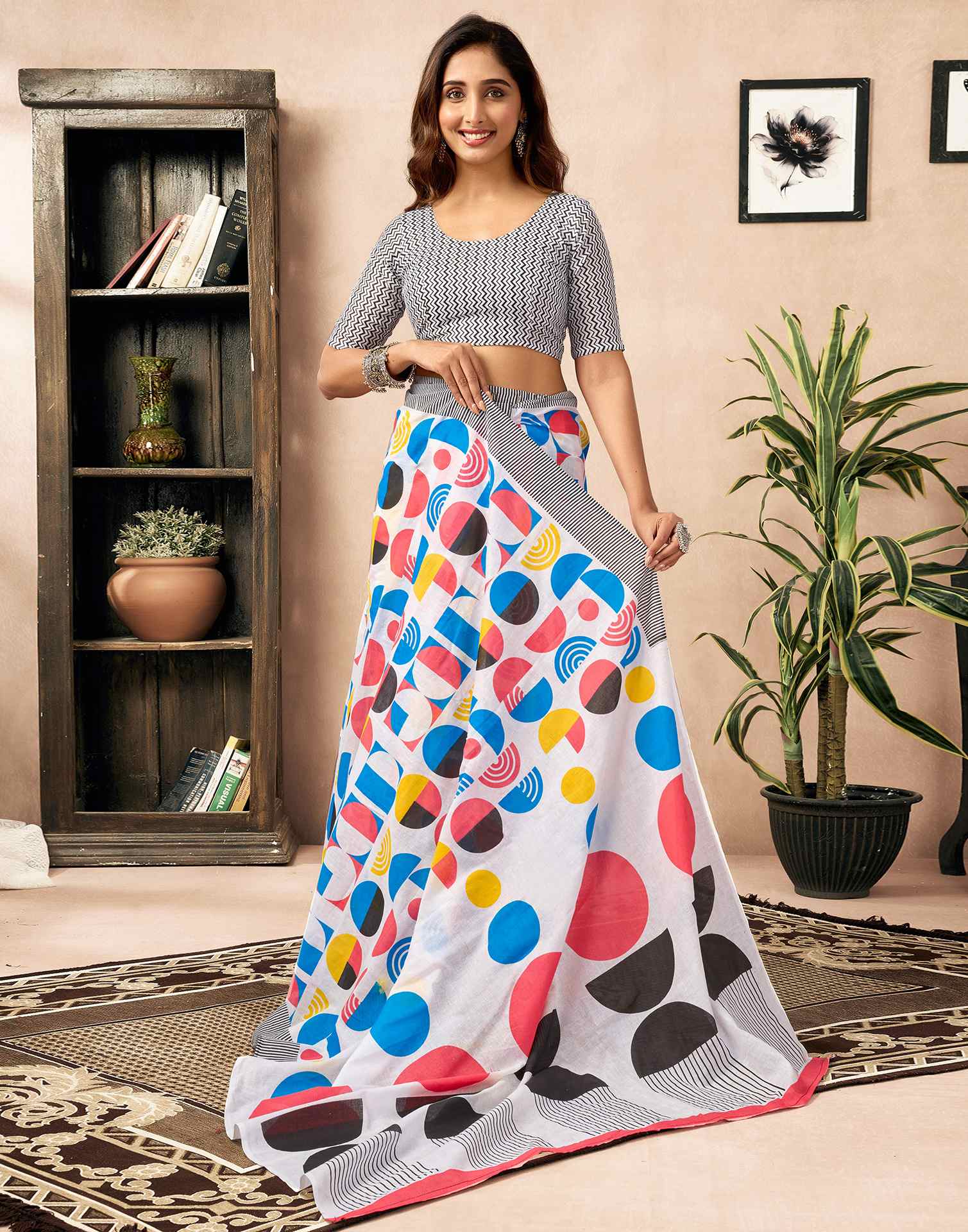 Ready To Wear White Cotton Printed Saree With Pocket - Image 8