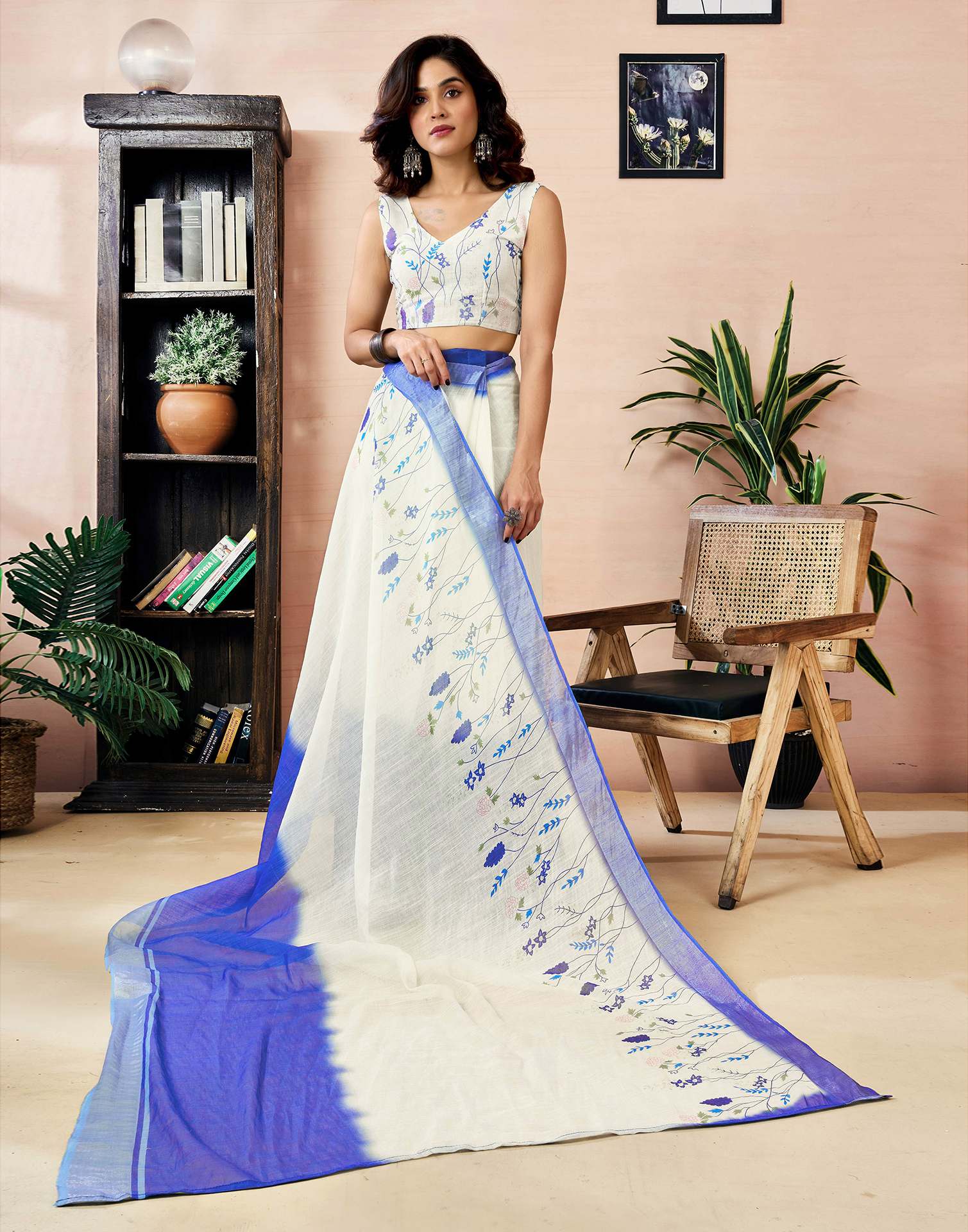 Ready to Wear White Linen Zari Floral Printed Saree - Image 8