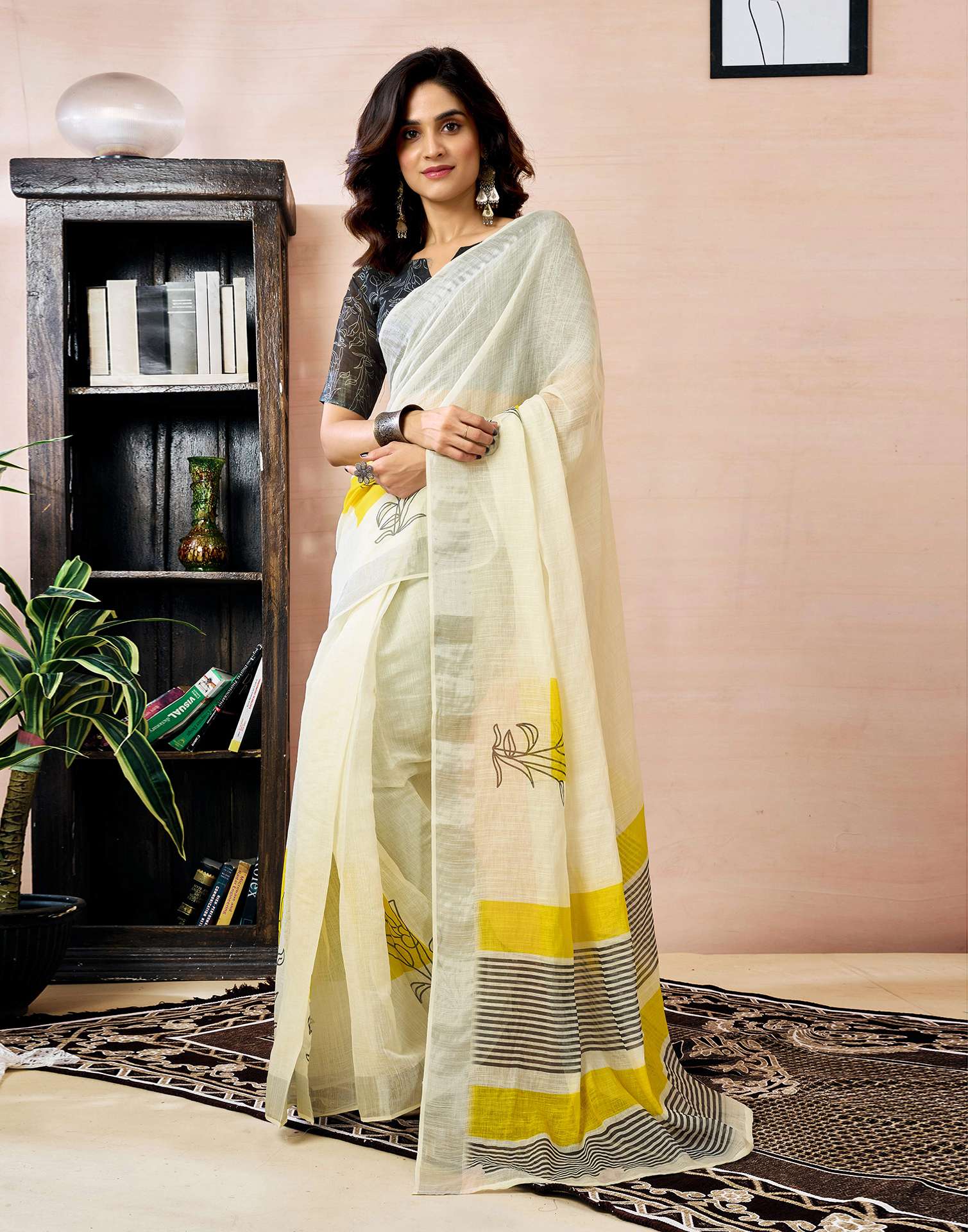Ready to Wear White Linen Floral Printed Saree - Image 2