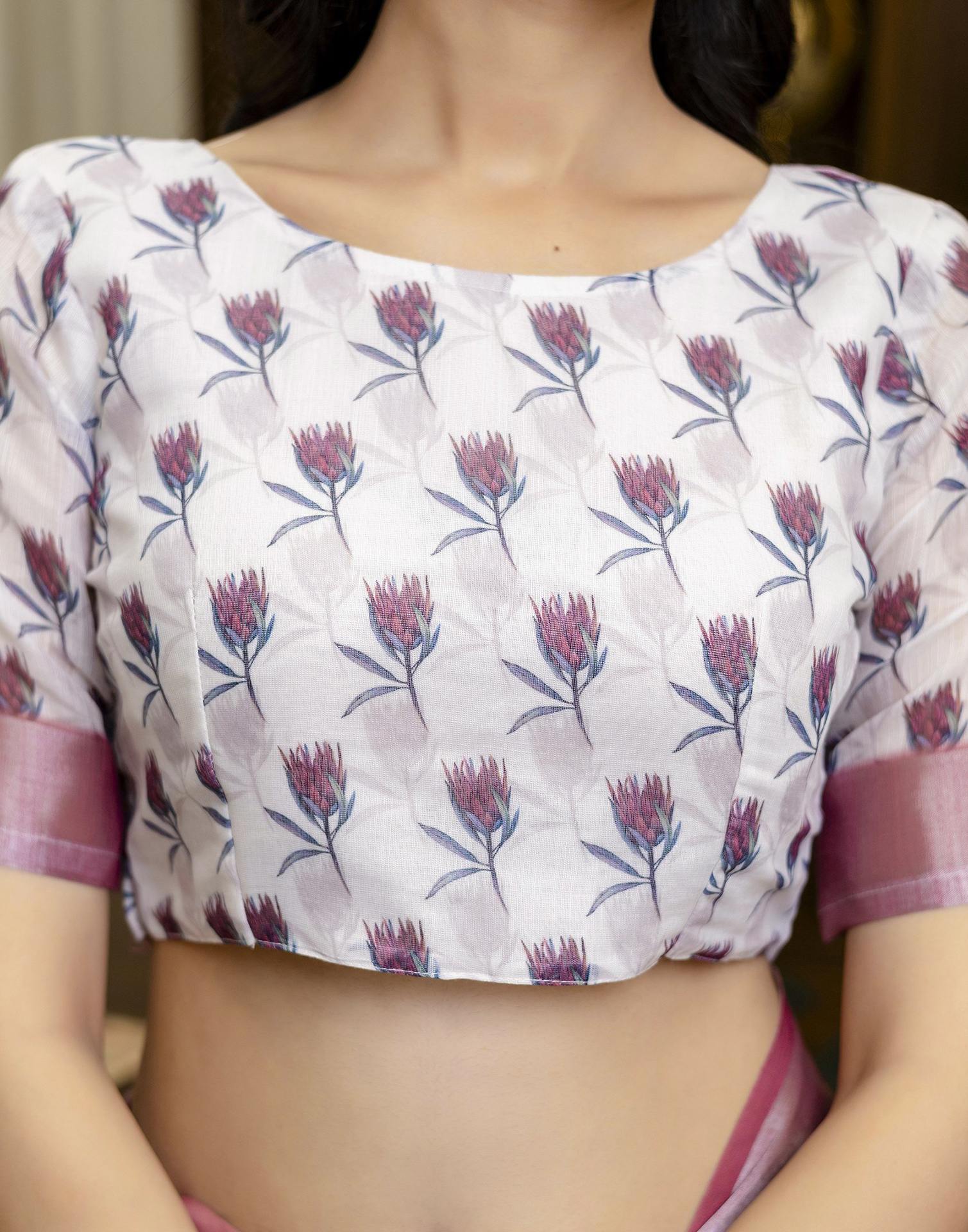 Ready To Wear White Linen Floral Printed Saree - Image 11