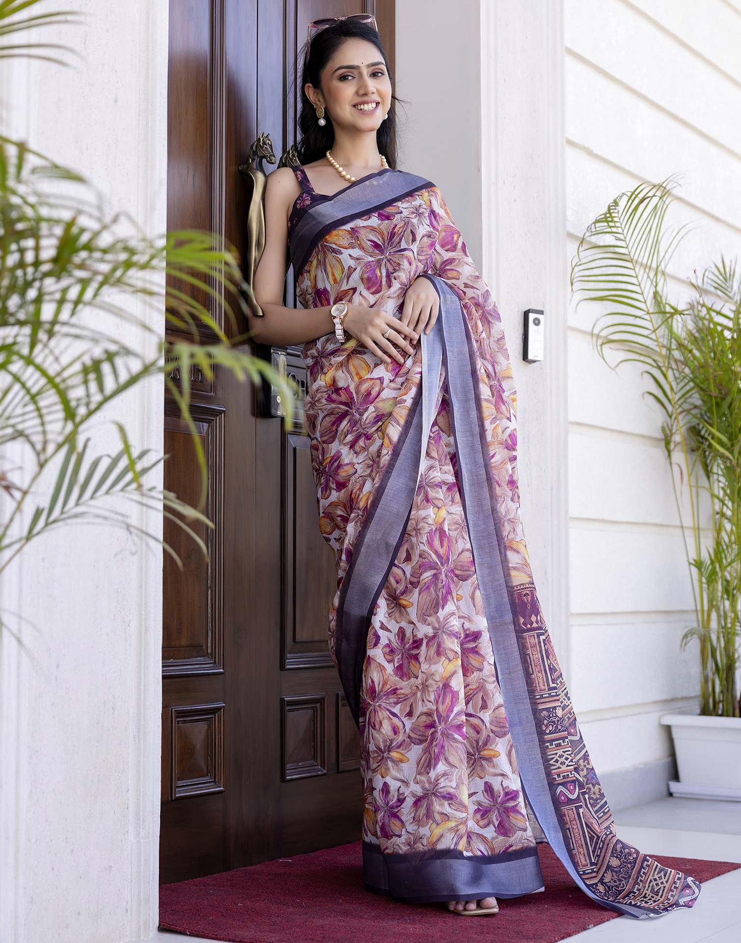 Ready To Wear White Linen Floral Printed Saree - Image 6