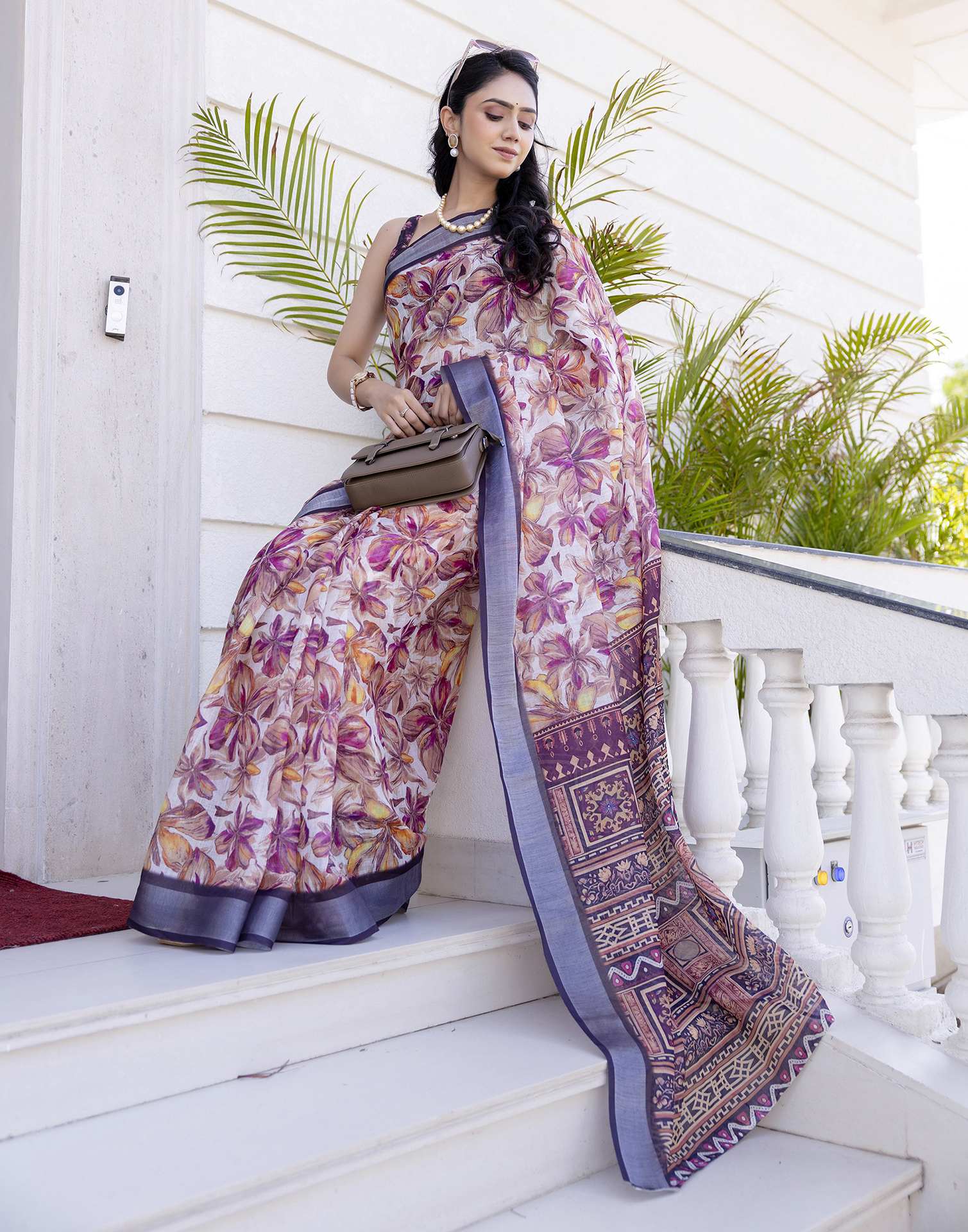 Ready To Wear White Linen Floral Printed Saree - Image 8