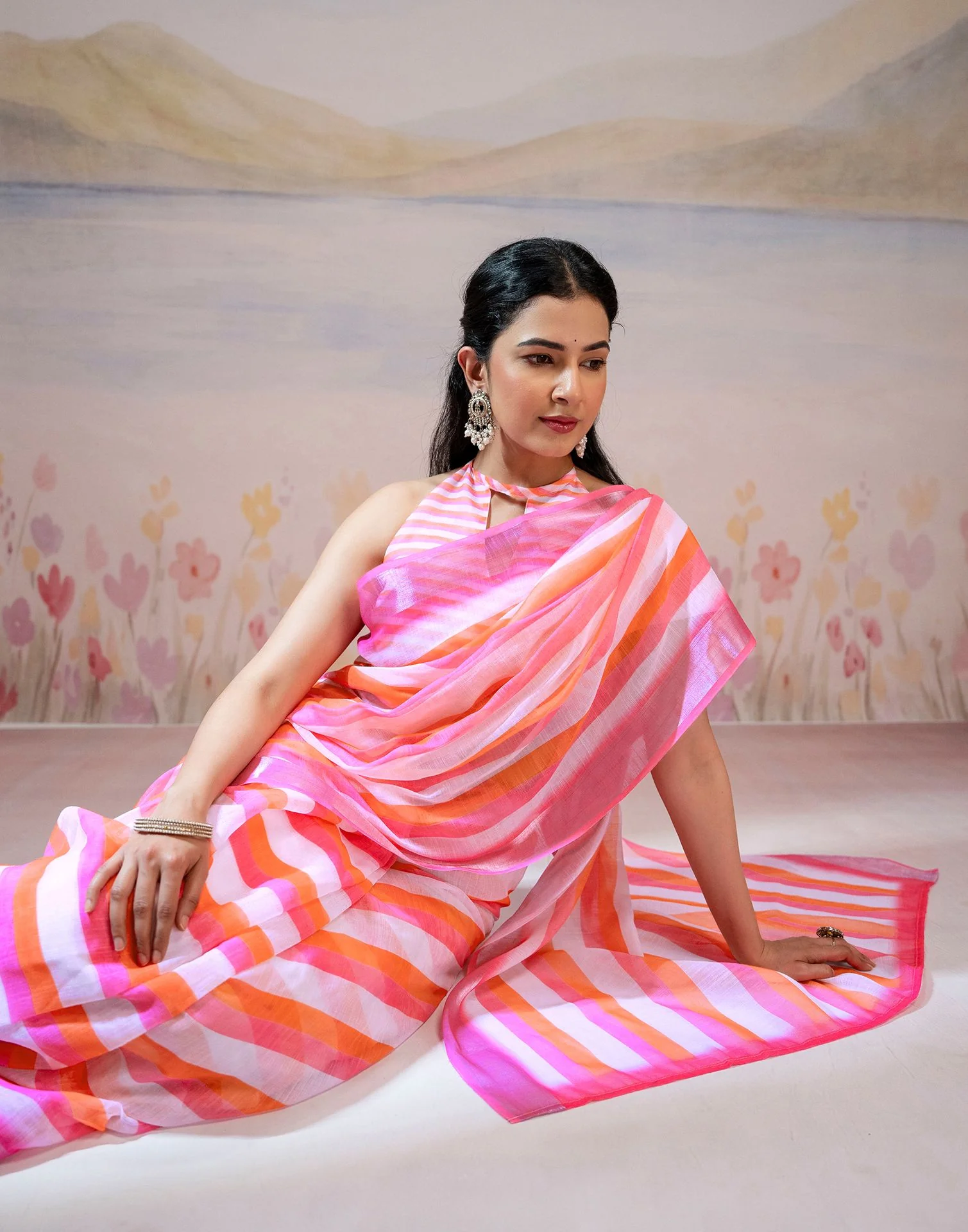 Ready To Wear White Linen Printed Saree - Image 10
