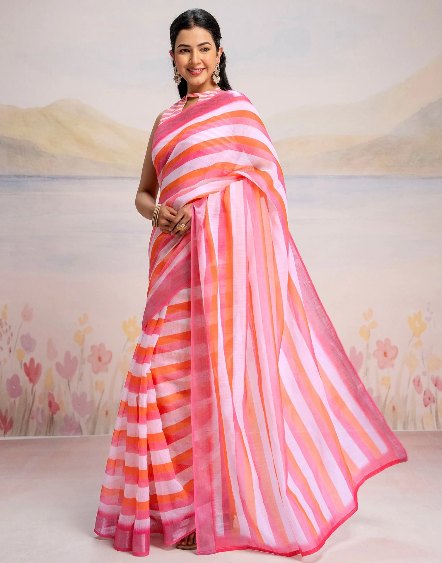 Ready To Wear White Linen Printed Saree - Image 5