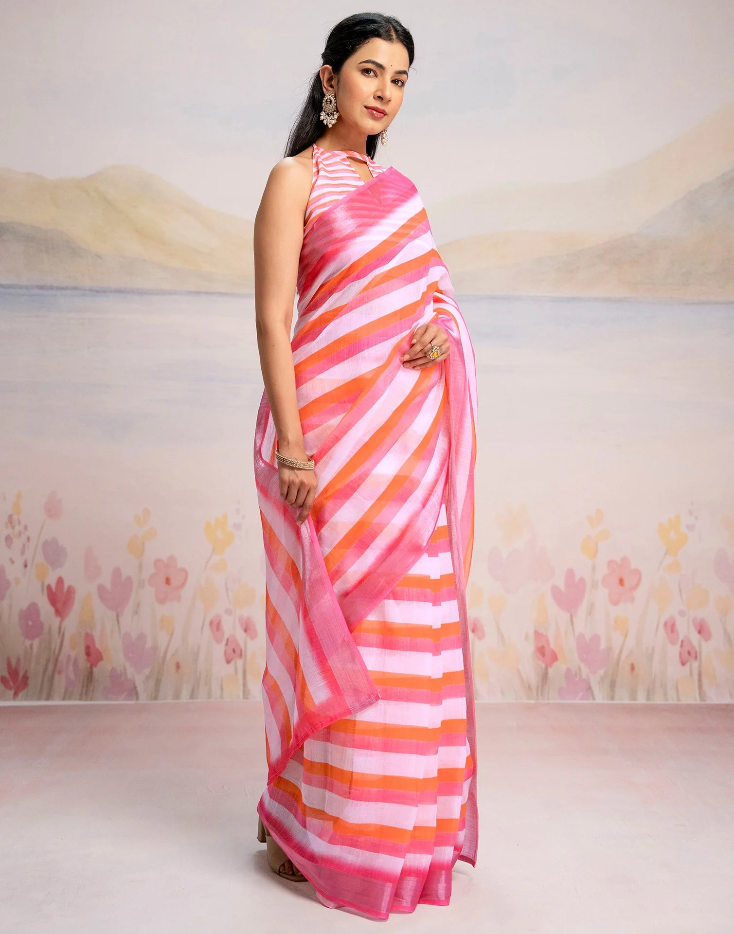 Ready To Wear White Linen Printed Saree - Image 6