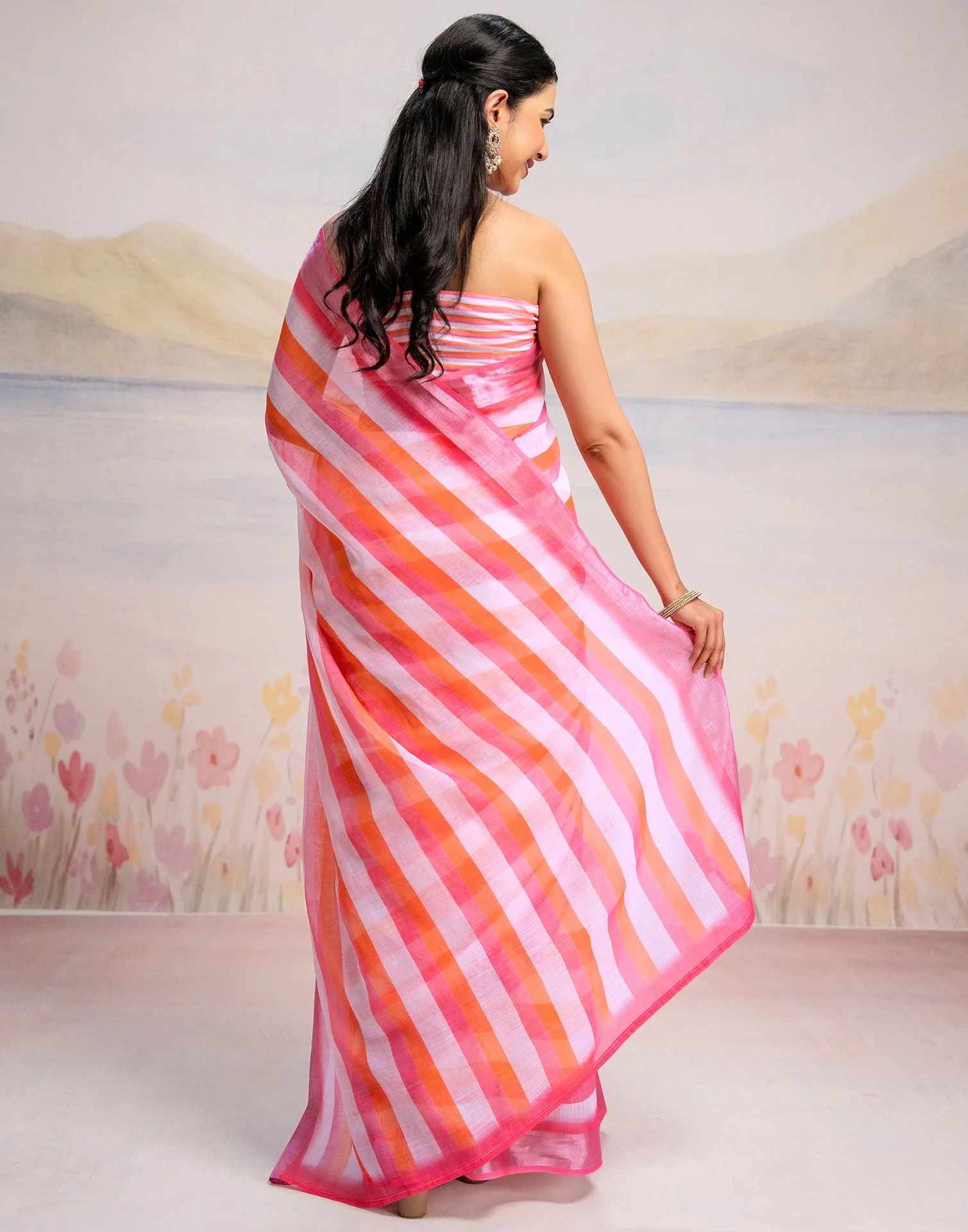 Ready To Wear White Linen Printed Saree - Image 7