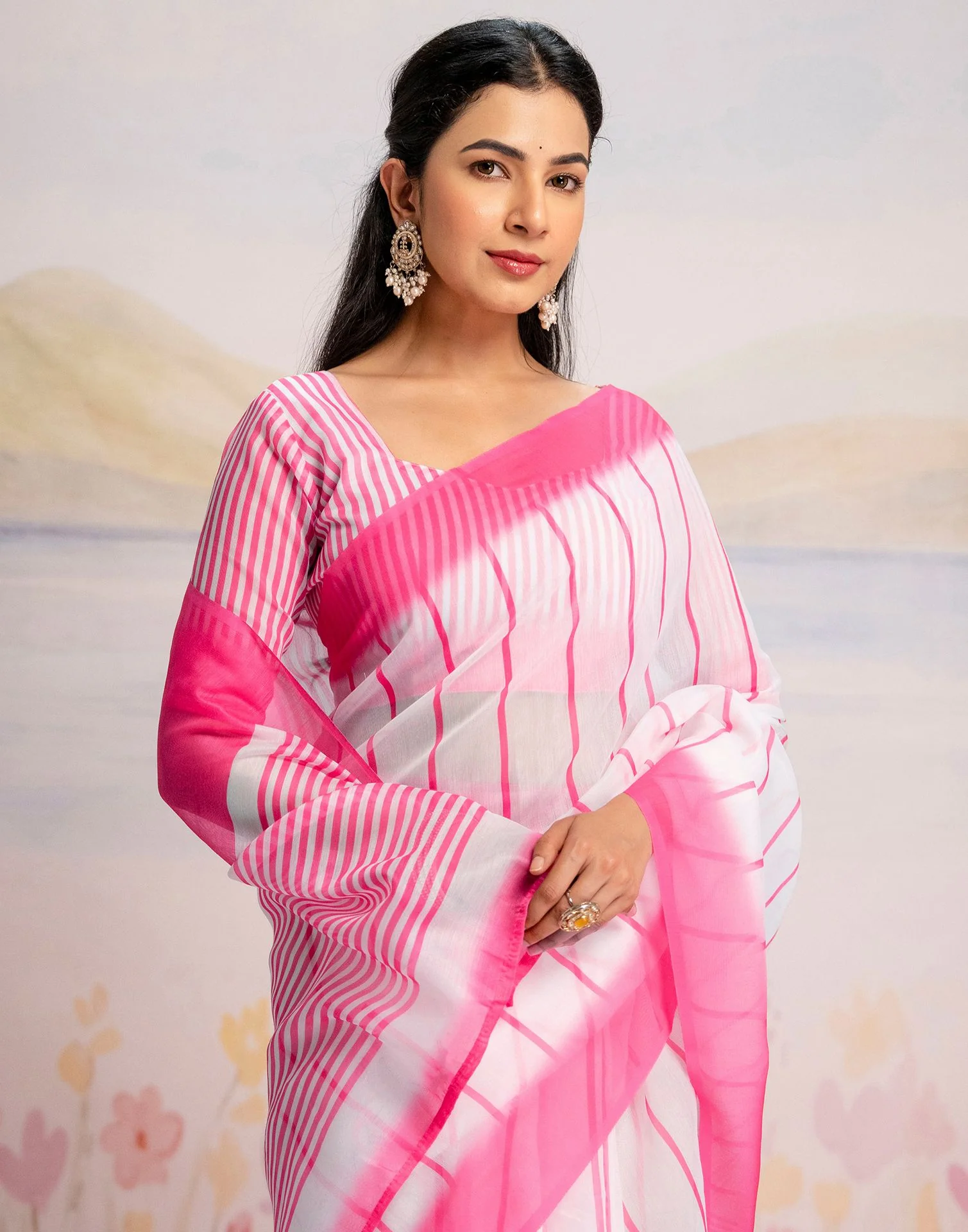 Ready To Wear White Linen Printed Saree - Image 4