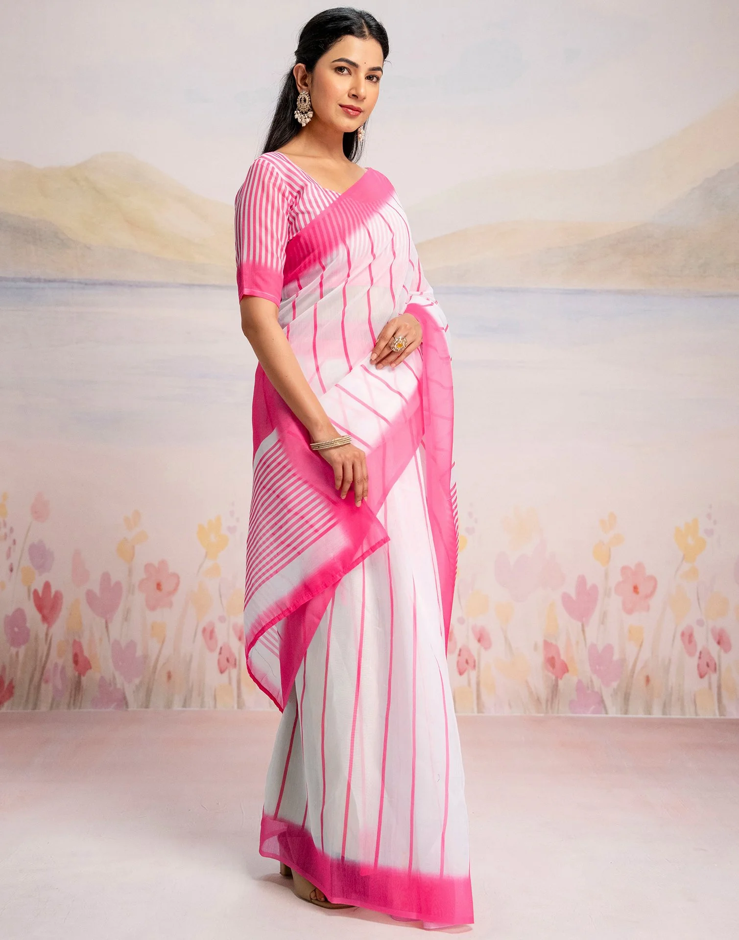 Ready To Wear White Linen Printed Saree - Image 6