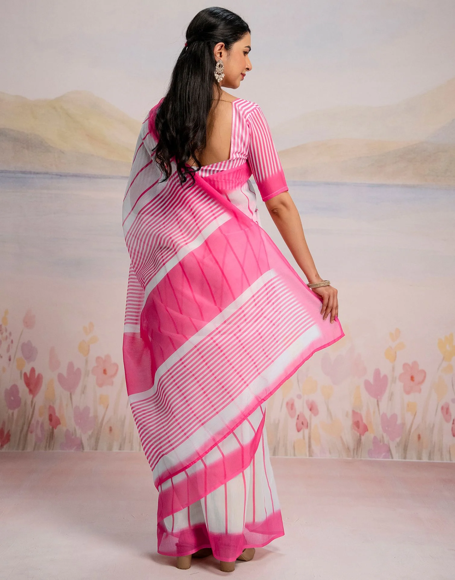 Ready To Wear White Linen Printed Saree - Image 7