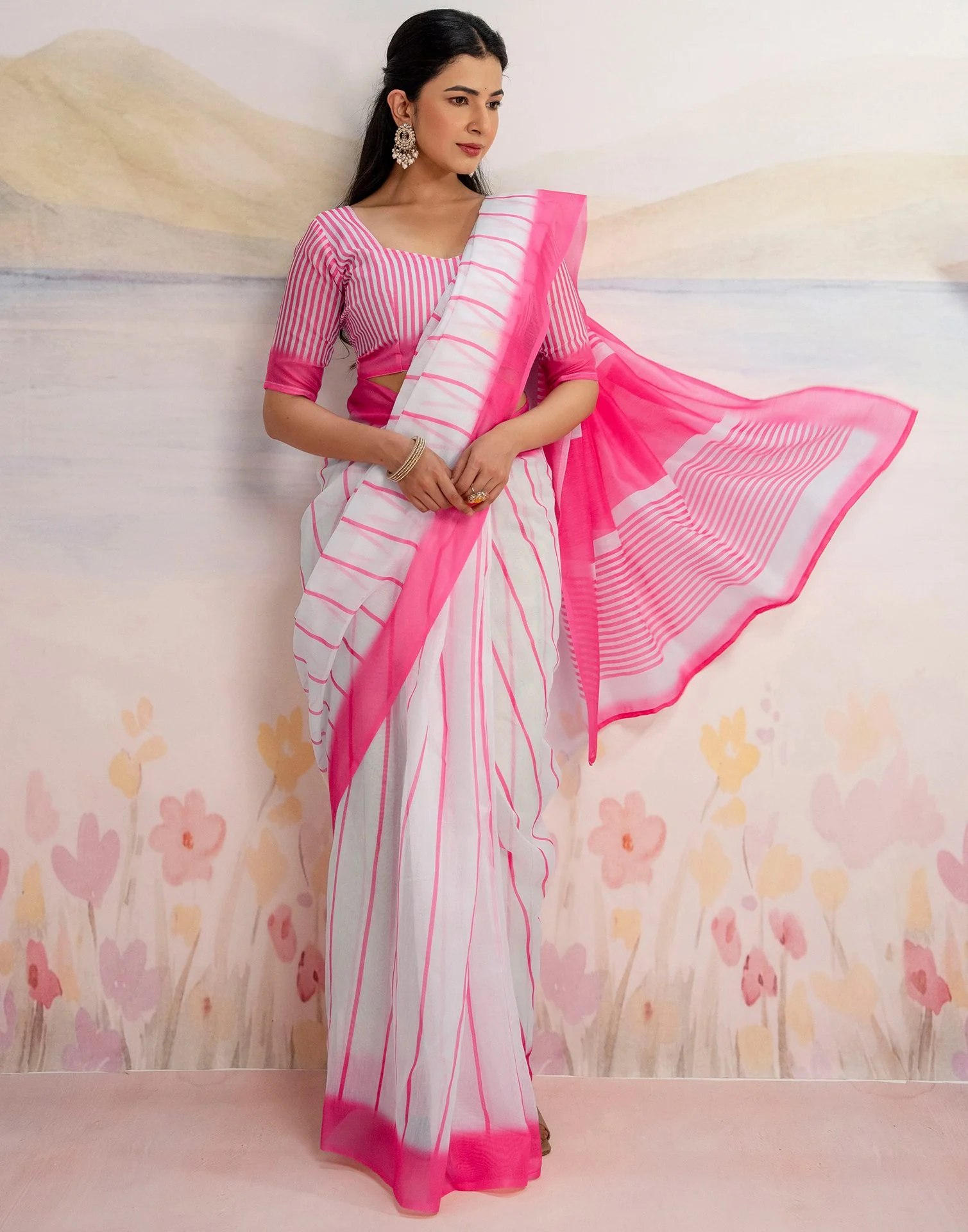 Ready To Wear White Linen Printed Saree - Image 9