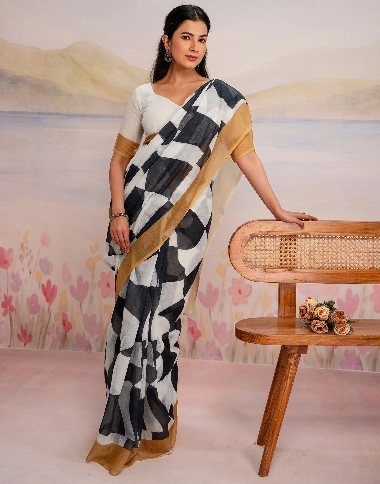 Ready To Wear White Linen Printed Saree - Image 12