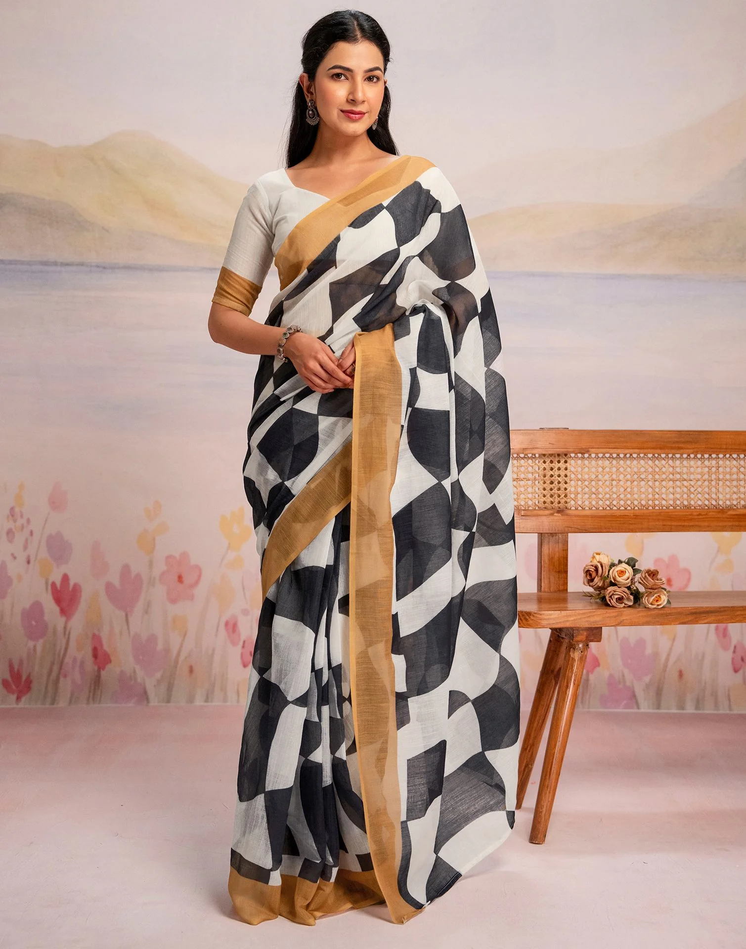 Ready To Wear White Linen Printed Saree - Image 5