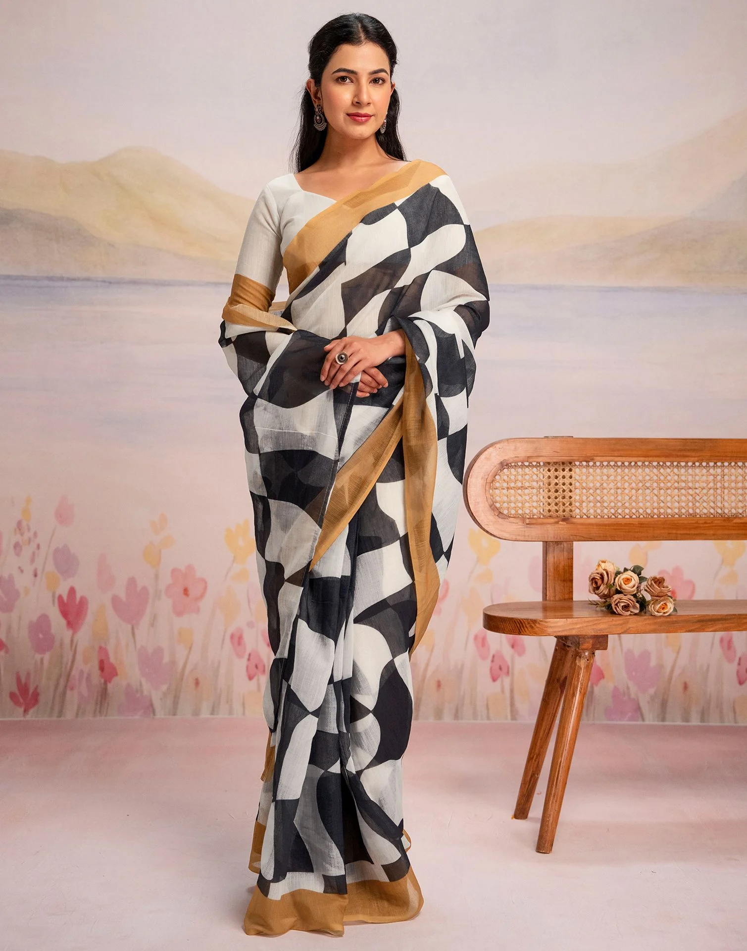Ready To Wear White Linen Printed Saree - Image 8