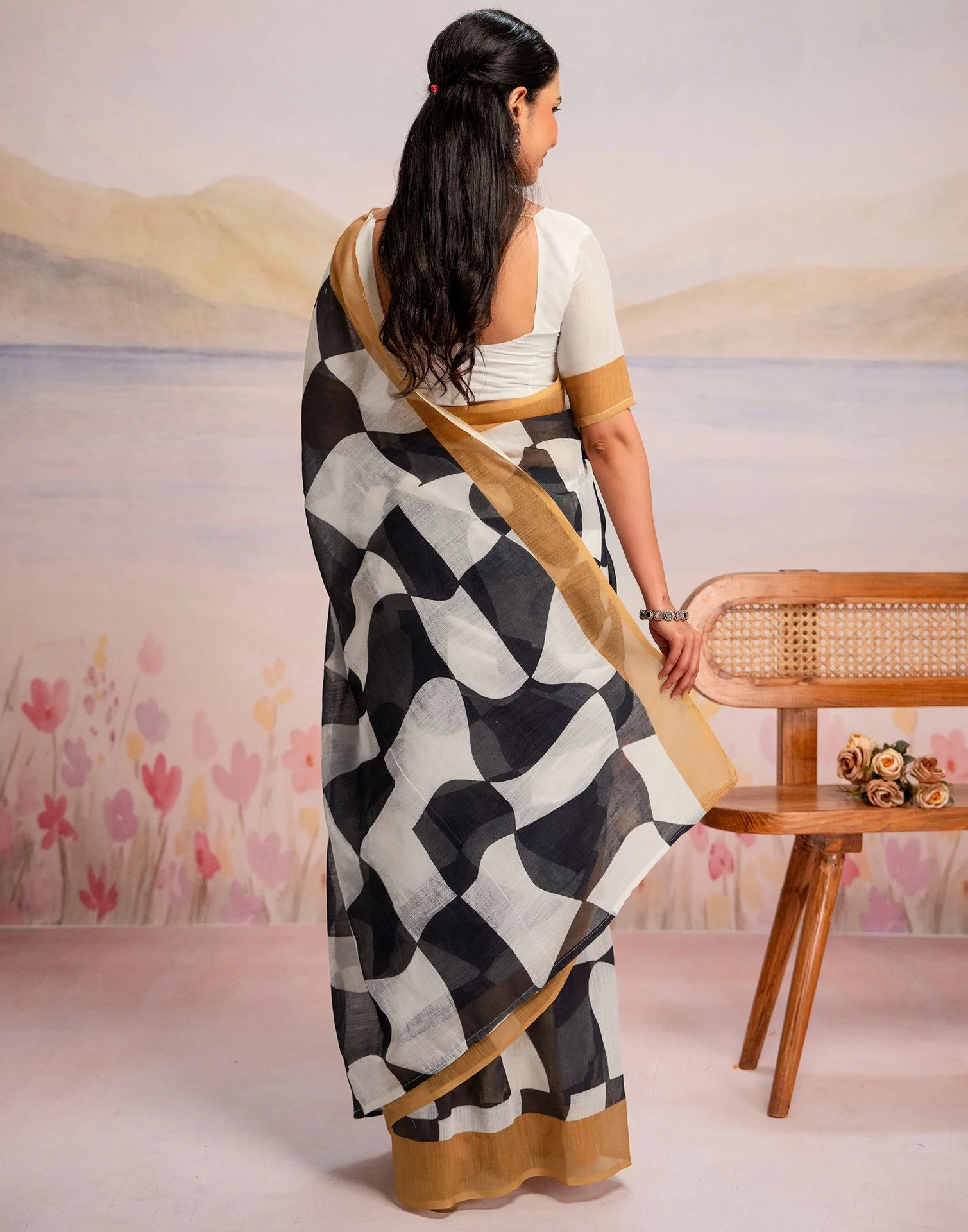 Ready To Wear White Linen Printed Saree - Image 9