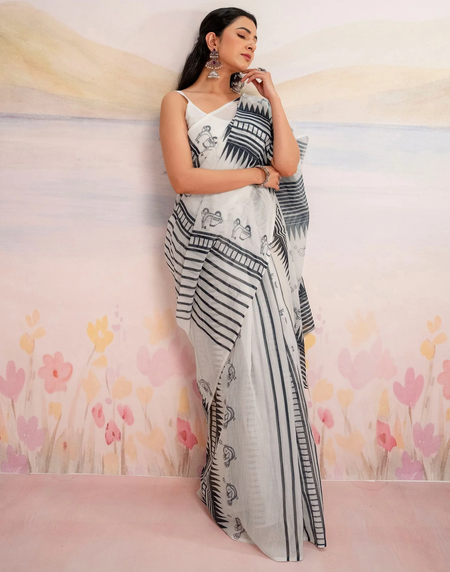 Ready To Wear White Linen Printed Saree - Image 10