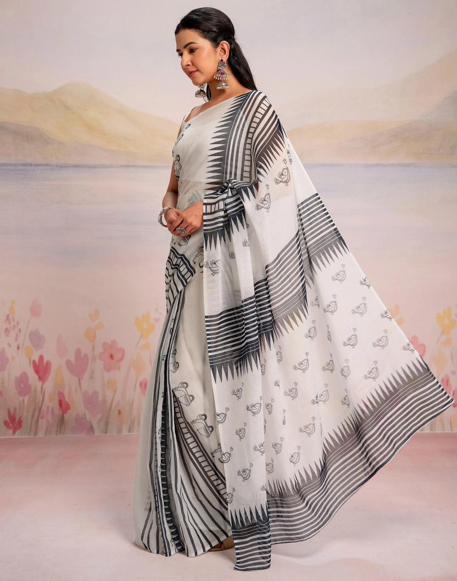Ready To Wear White Linen Printed Saree - Image 5