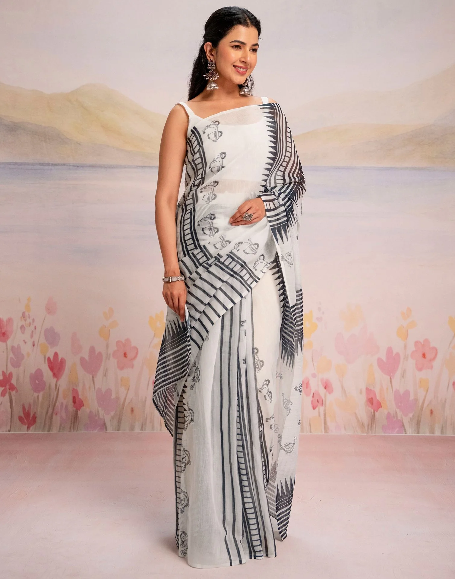 Ready To Wear White Linen Printed Saree - Image 8