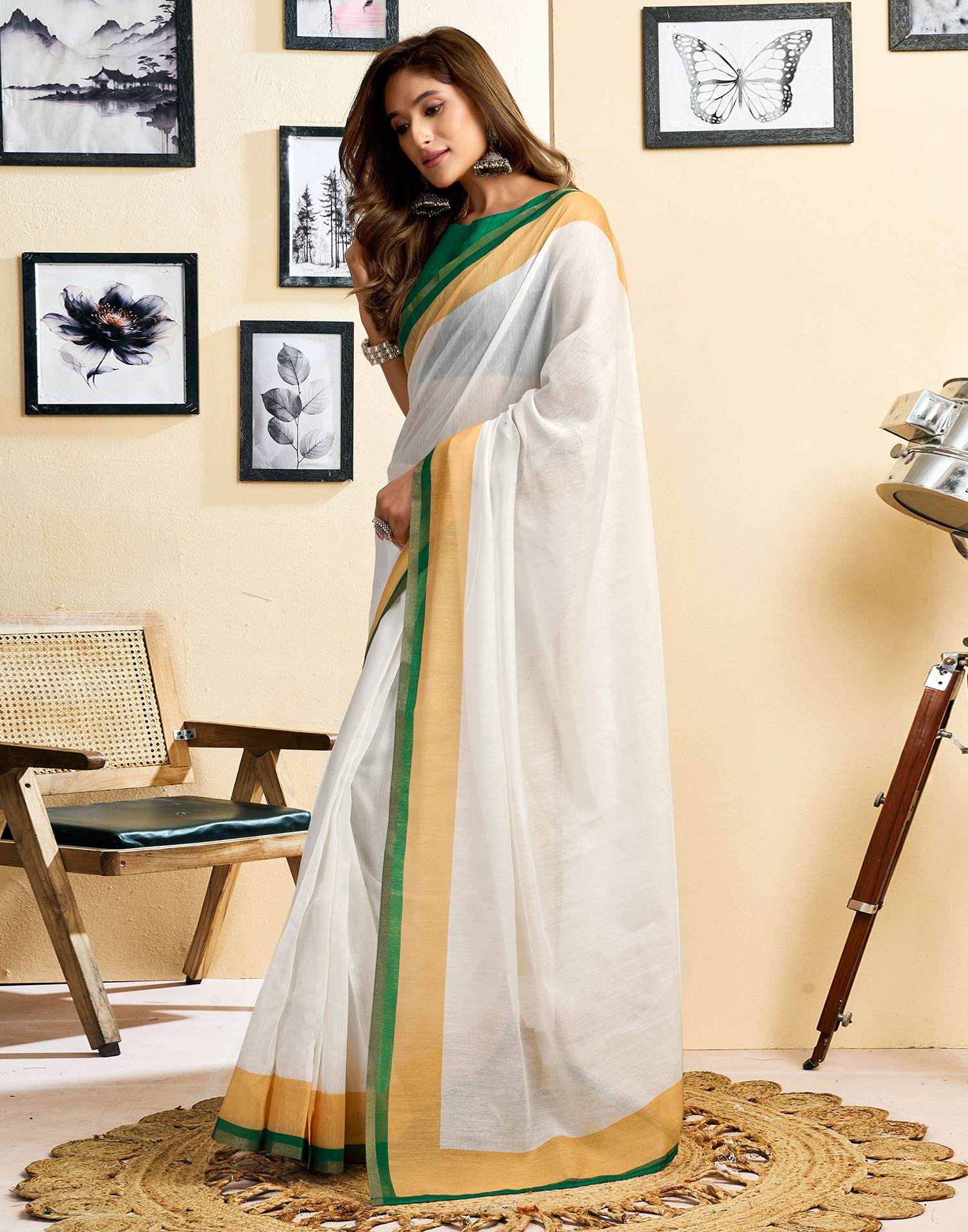 Ready To Wear White Linen Printed Saree - Image 6