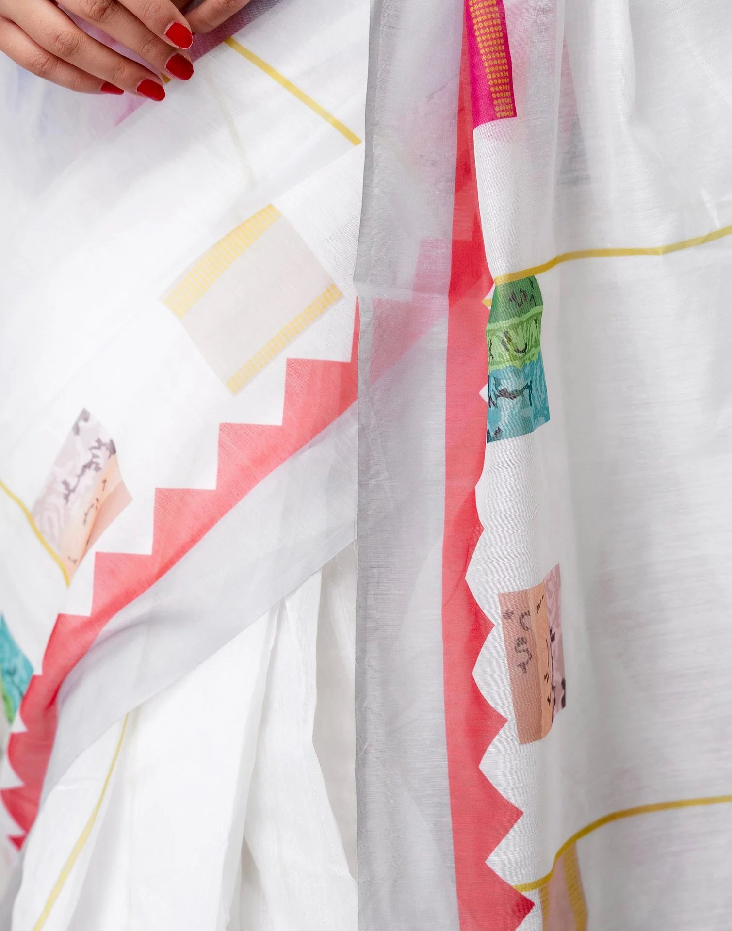Ready To Wear White Linen Printed Saree - Image 11