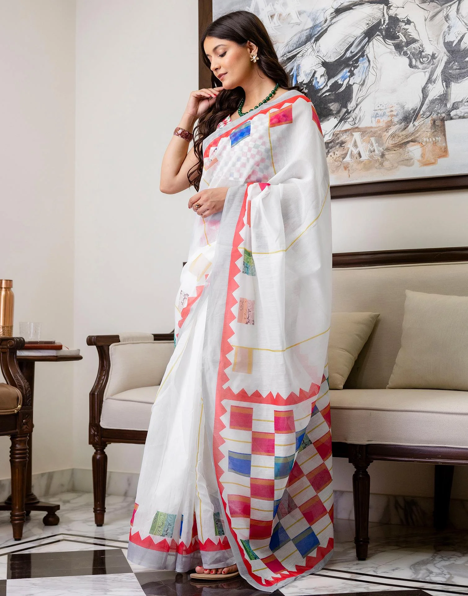 Ready To Wear White Linen Printed Saree - Image 6