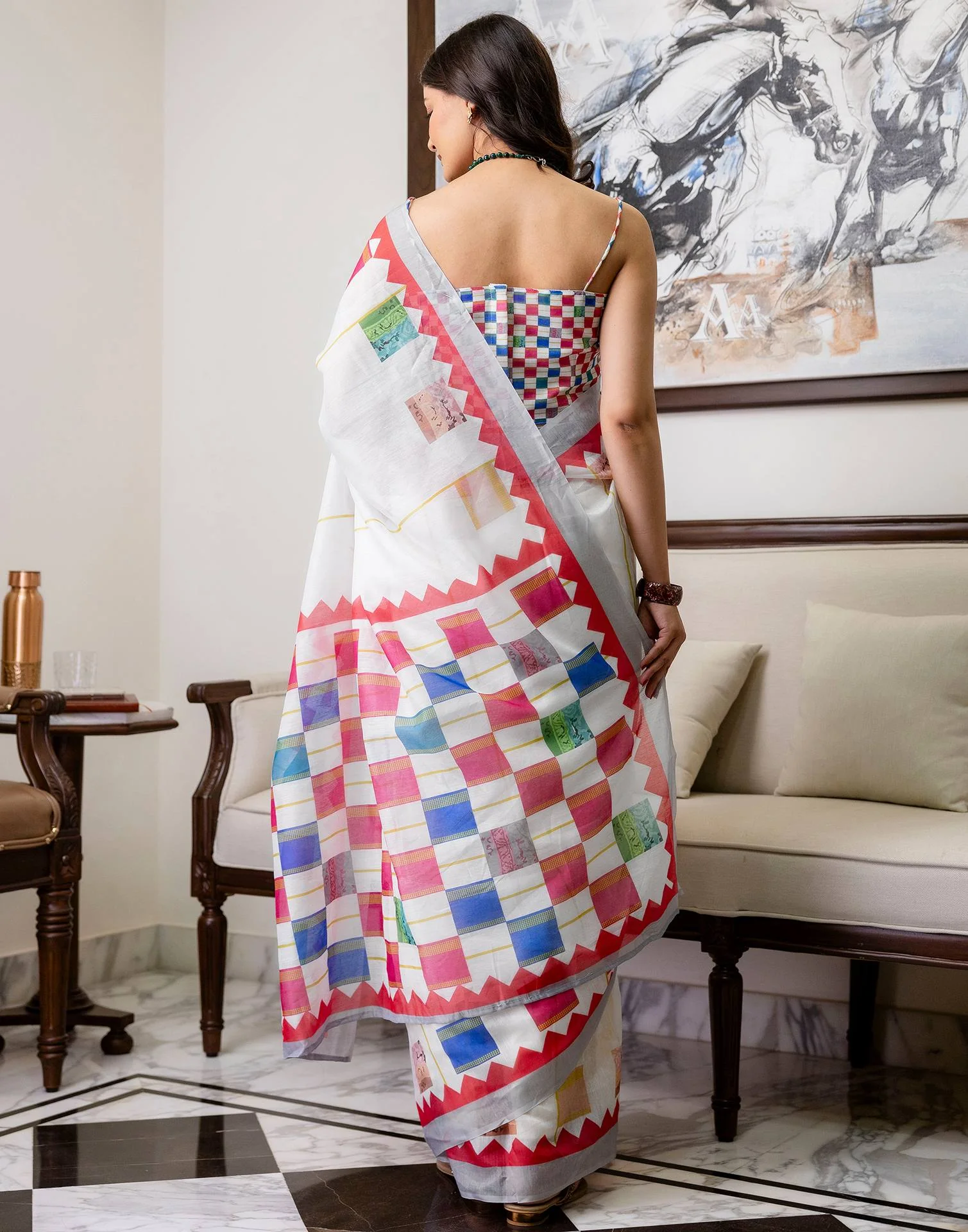 Ready To Wear White Linen Printed Saree - Image 8