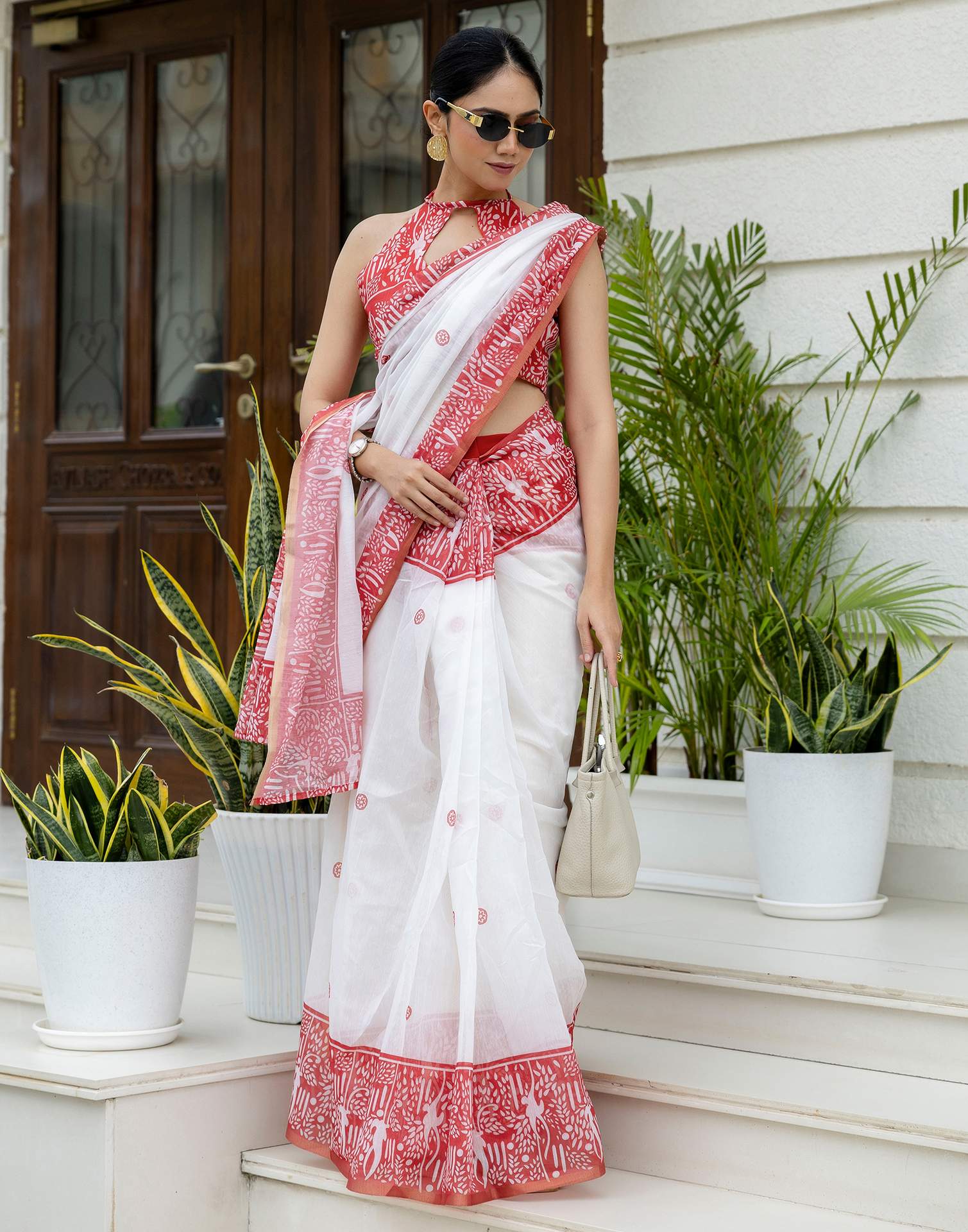 Ready To Wear White Linen Printed Saree - Image 8