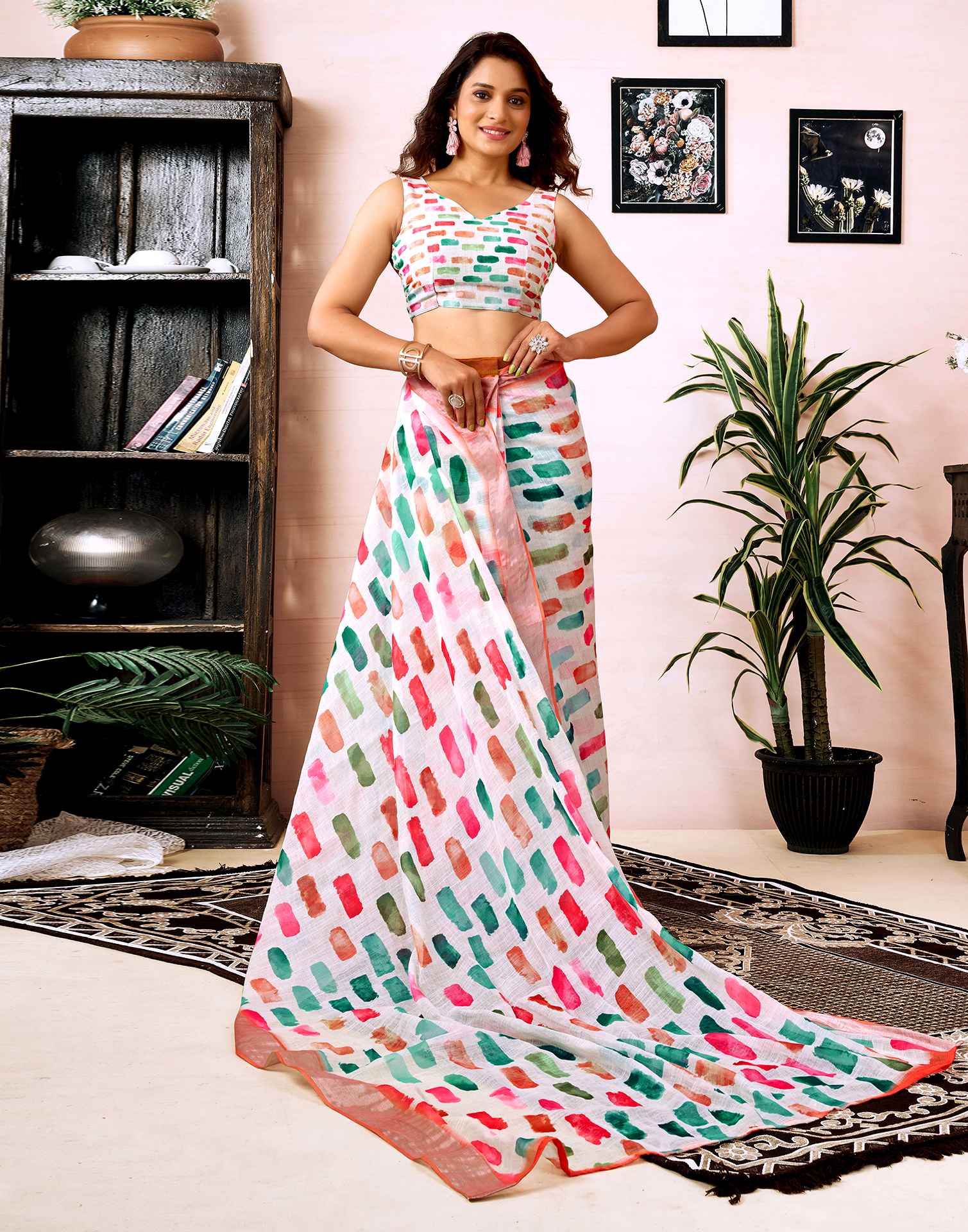 Ready To Wear White Linen Printed Saree With Pocket - Image 7