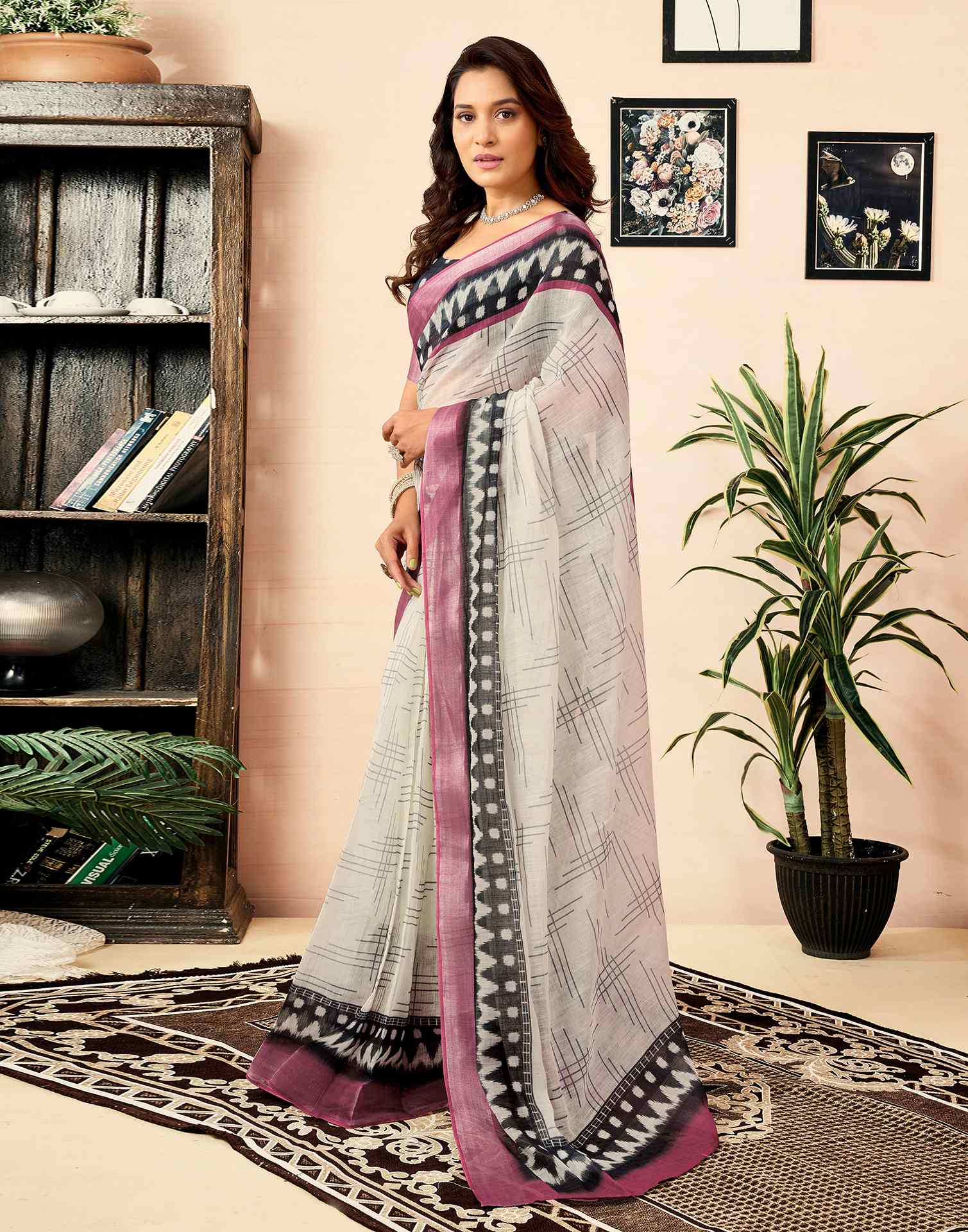 Ready To Wear White Linen Printed Saree With Pocket - Image 10