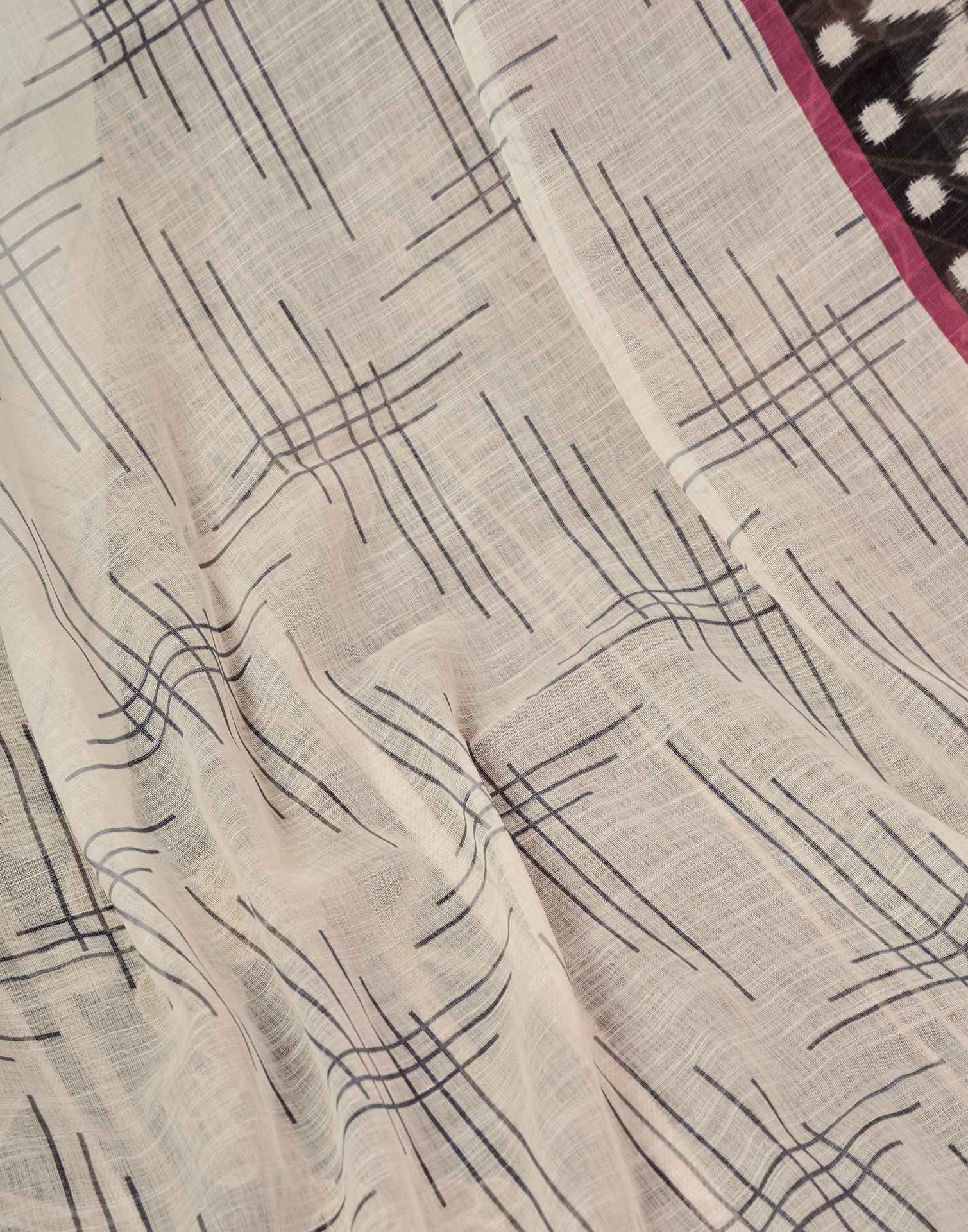 Ready To Wear White Linen Printed Saree With Pocket - Image 11