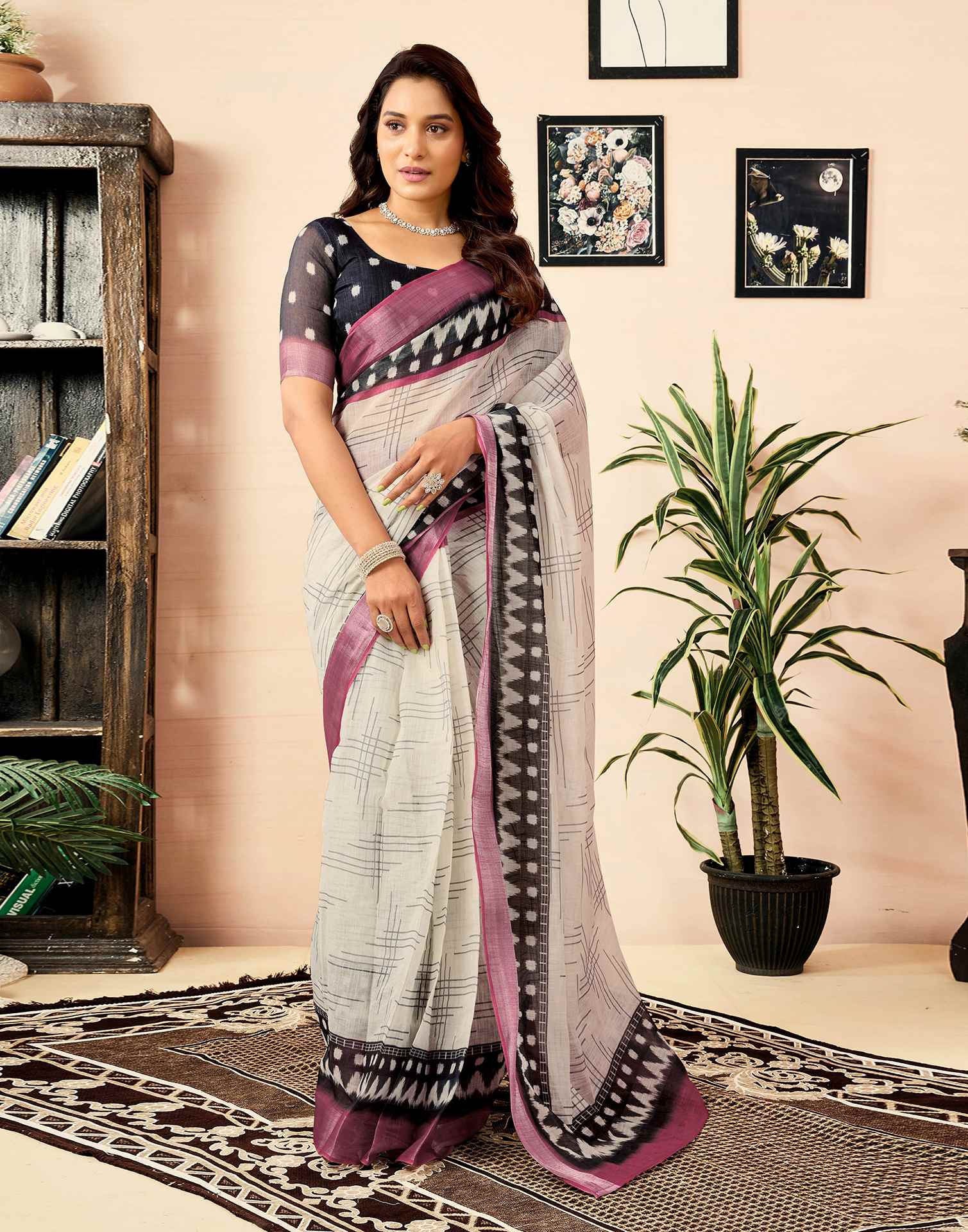 Ready To Wear White Linen Printed Saree With Pocket - Image 2