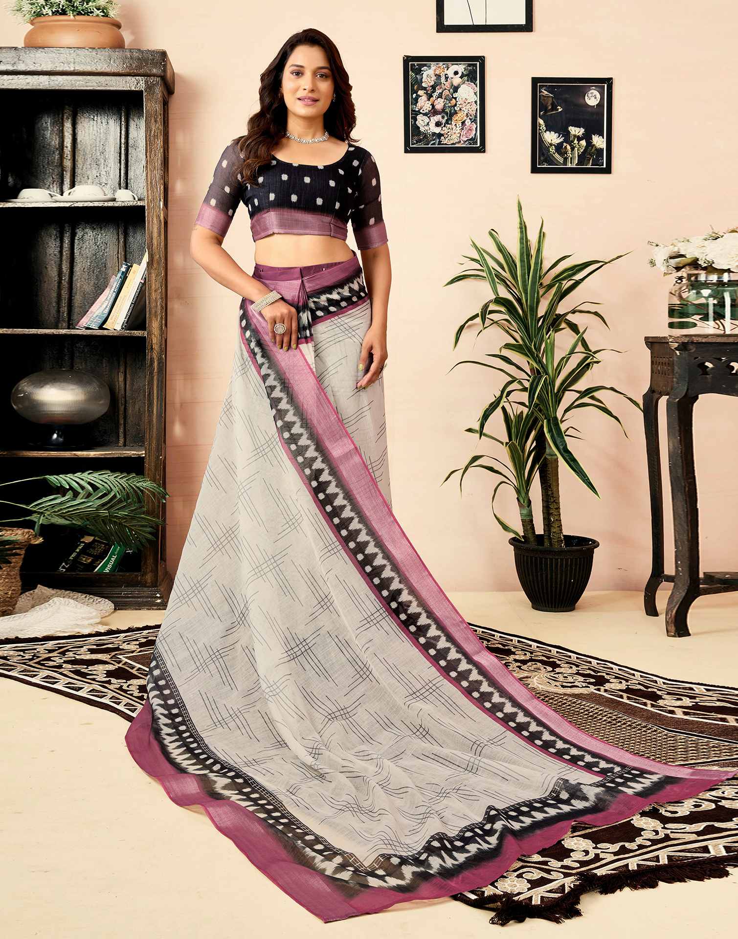 Ready To Wear White Linen Printed Saree With Pocket - Image 8