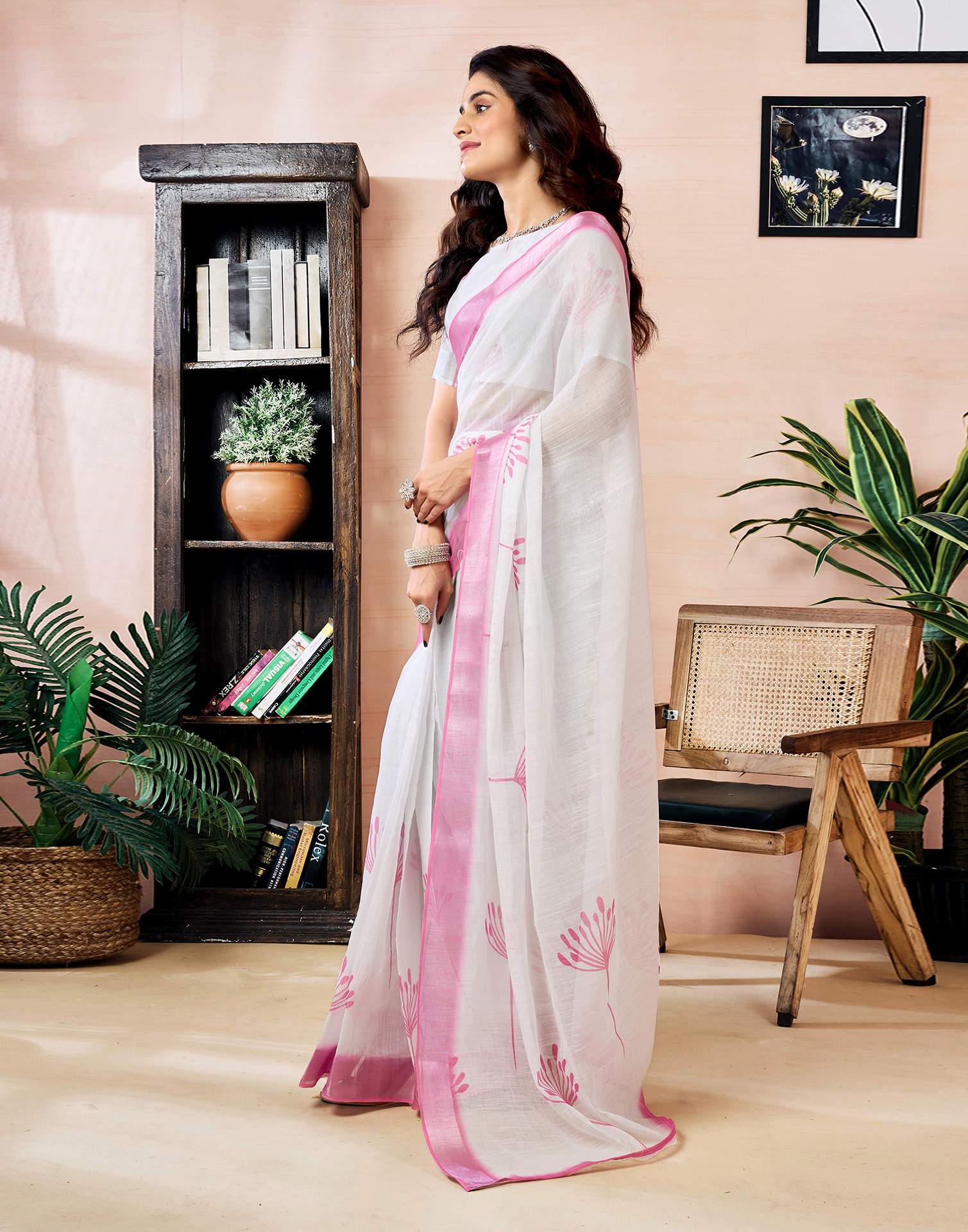 Ready to Wear White Linen Zari Printed Saree - Image 6