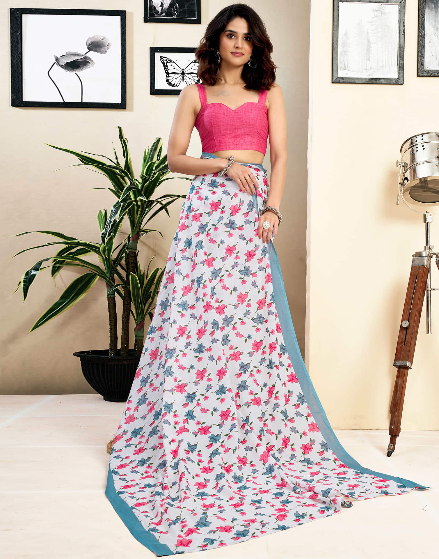 Ready To Wear White Pure Cotton Floral Printed Saree With Pocket - Image 6