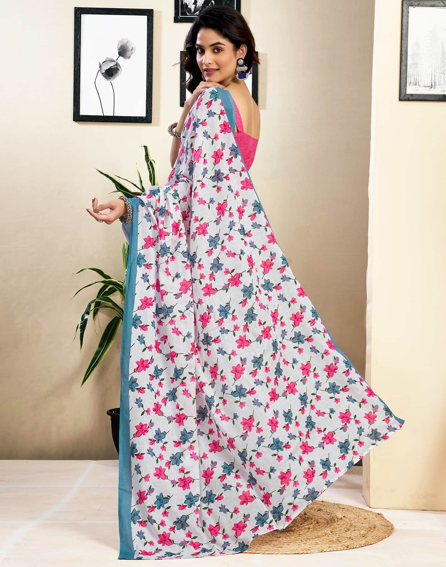 Ready To Wear White Pure Cotton Floral Printed Saree With Pocket - Image 8