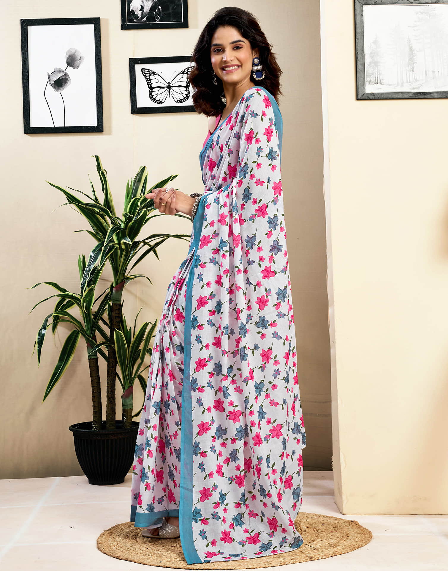 Ready To Wear White Pure Cotton Floral Printed Saree With Pocket - Image 9