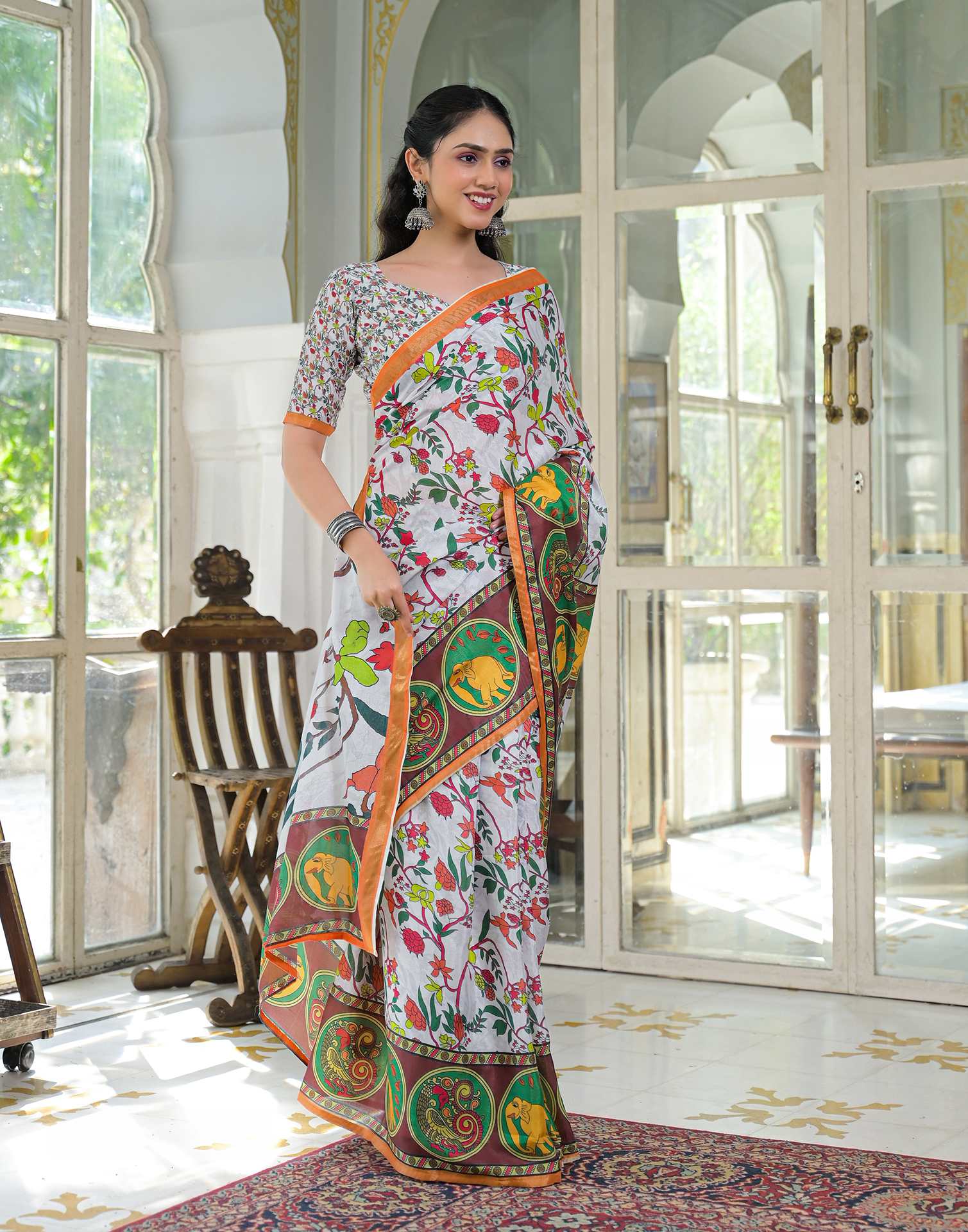 Ready To Wear White Silk Printed Saree - Image 6
