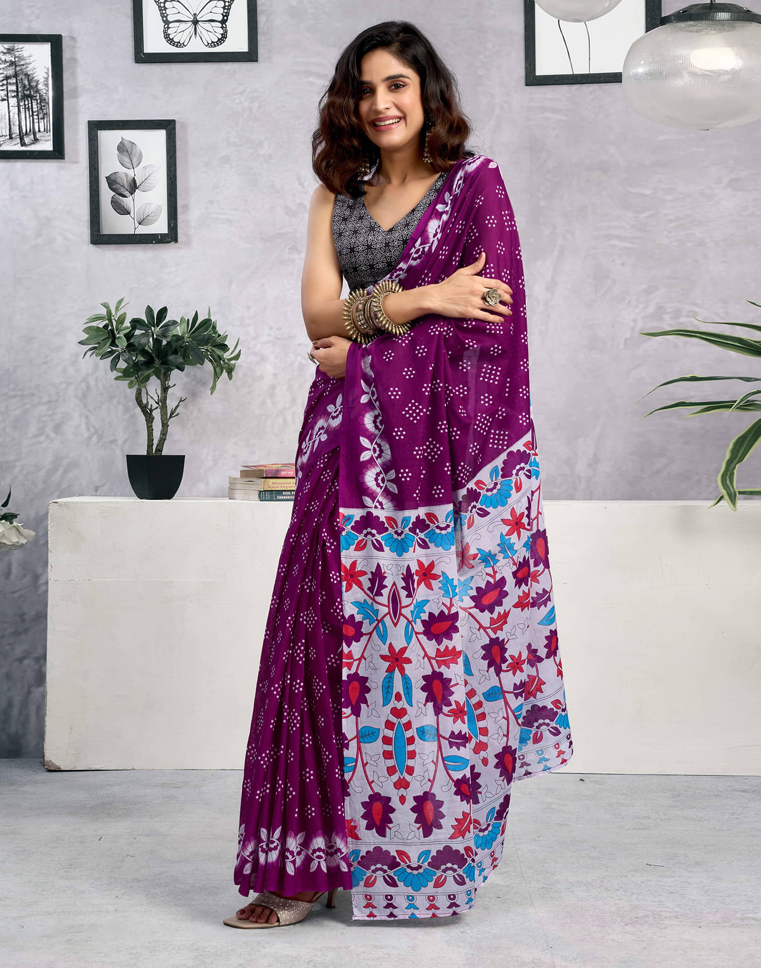 Ready To Wear Wine Cotton Printed Saree - Image 2