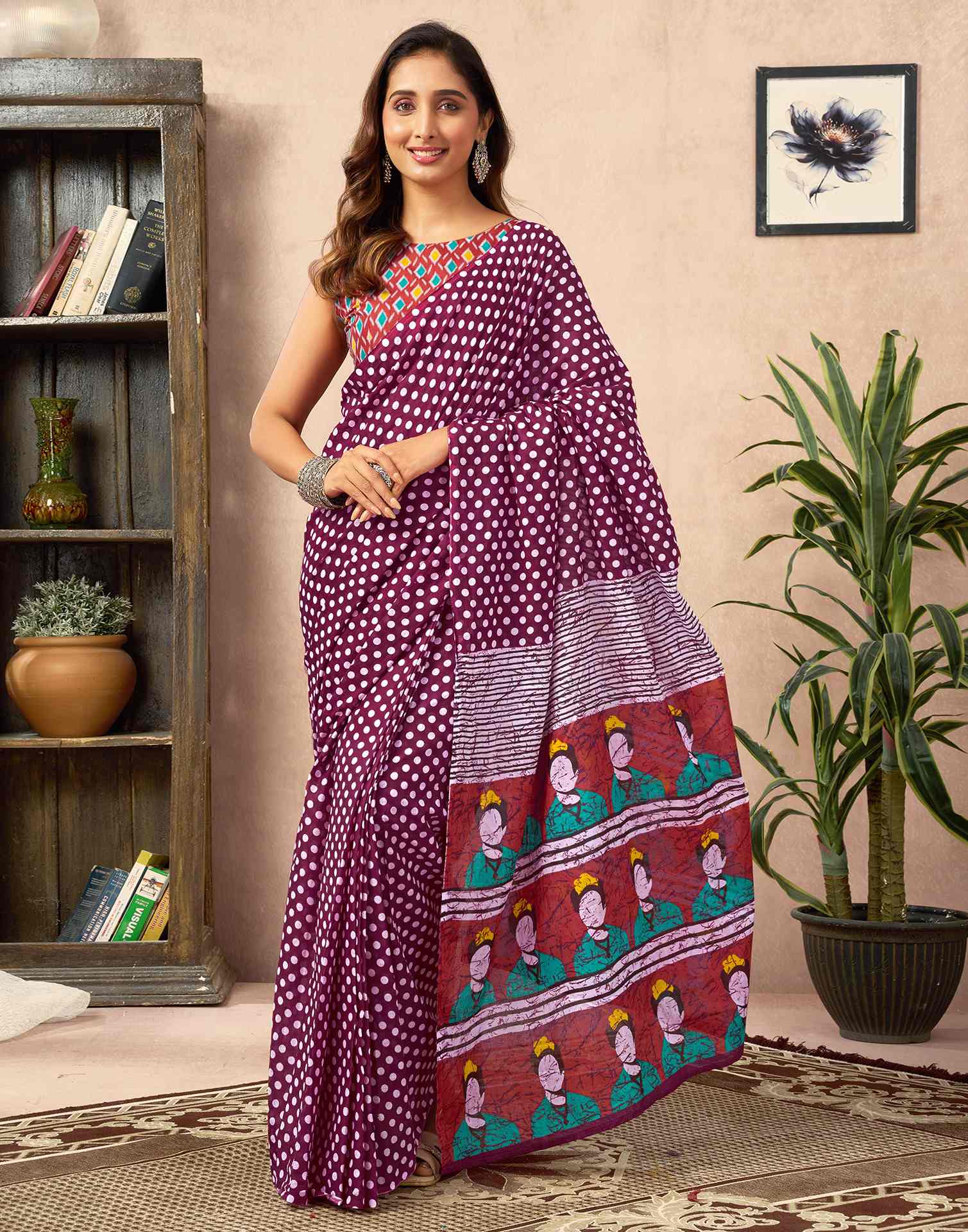 Ready To Wear Wine Cotton Printed Saree - Image 4