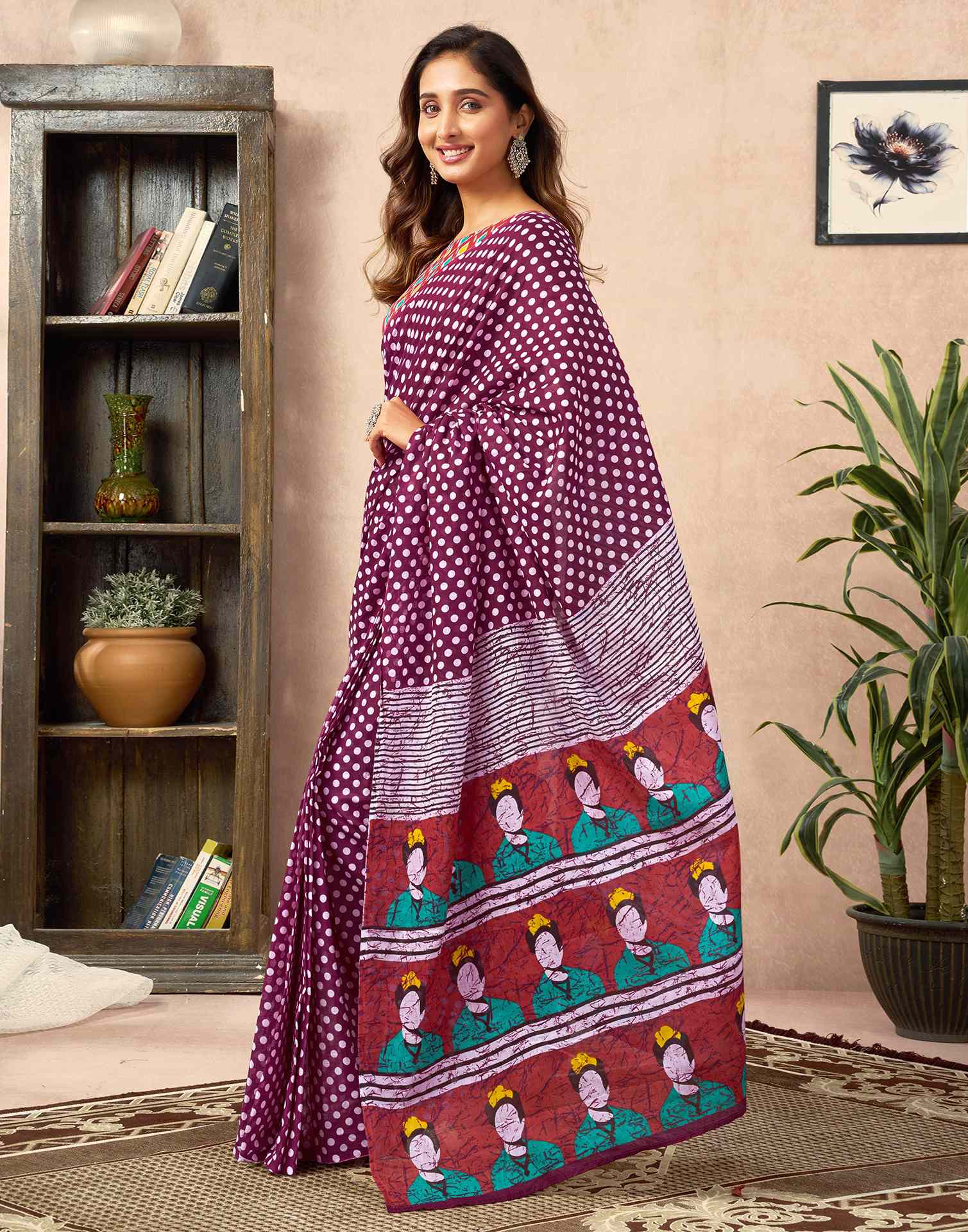 Ready To Wear Wine Cotton Printed Saree - Image 5