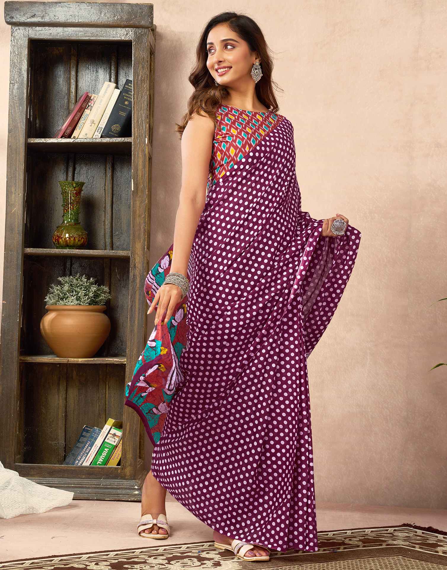 Ready To Wear Wine Cotton Printed Saree - Image 6