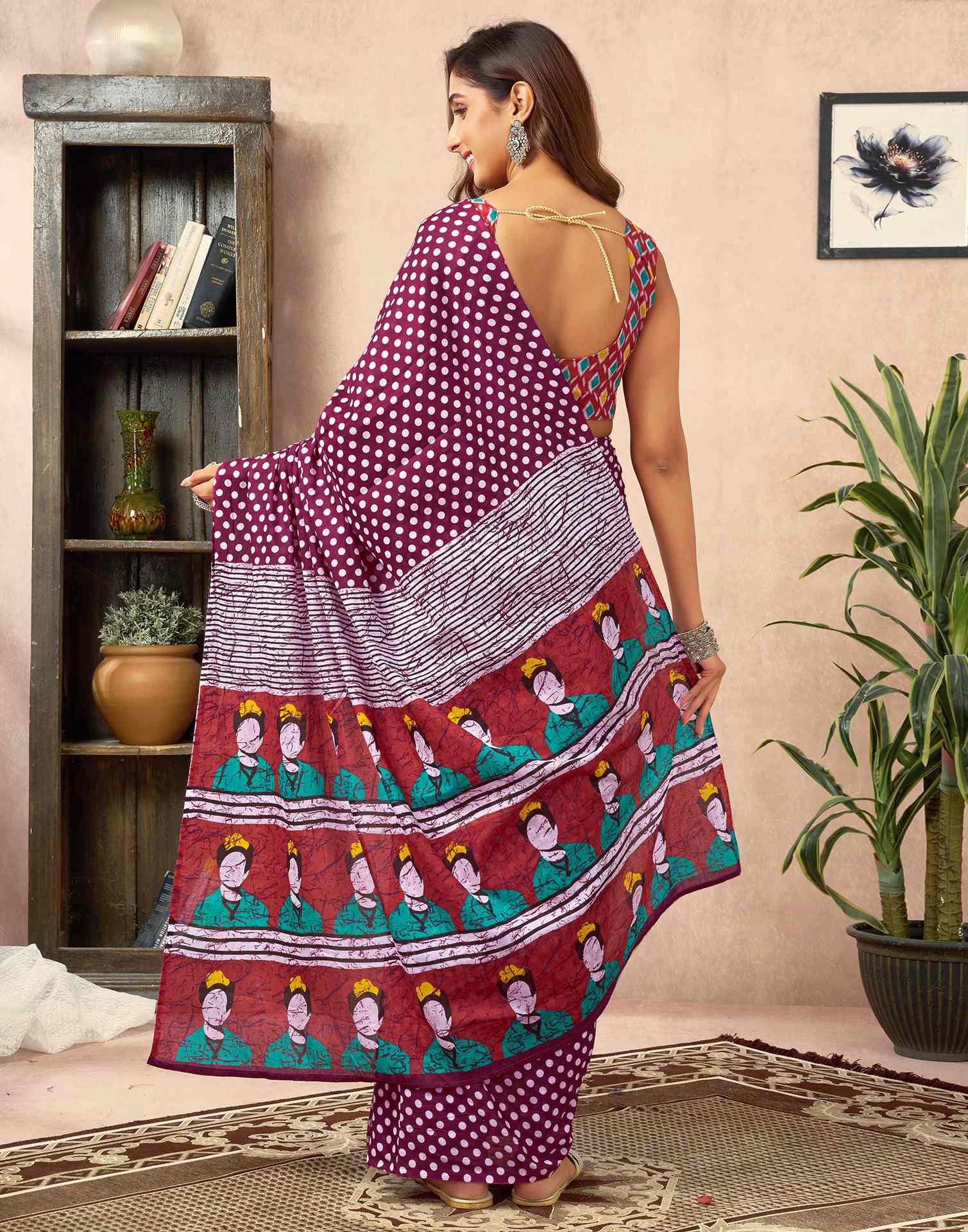 Ready To Wear Wine Cotton Printed Saree - Image 7