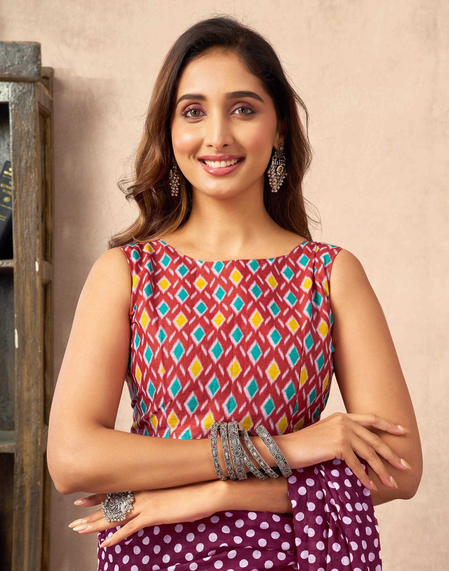 Ready To Wear Wine Cotton Printed Saree - Image 9