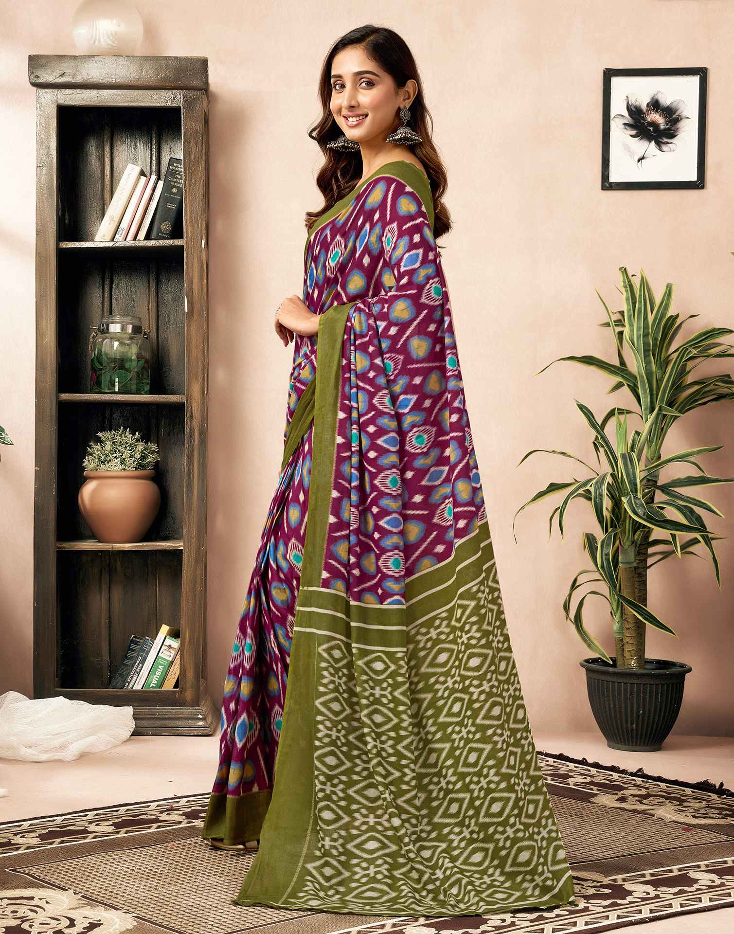 Ready To Wear Wine Cotton Printed Saree - Image 5