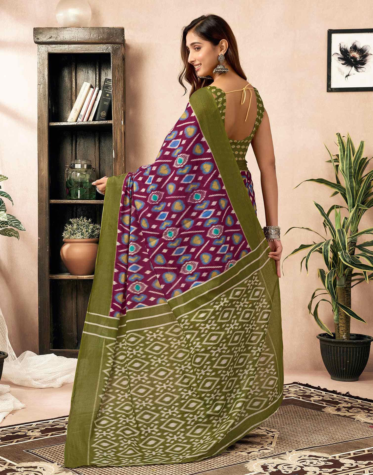 Ready To Wear Wine Cotton Printed Saree - Image 7