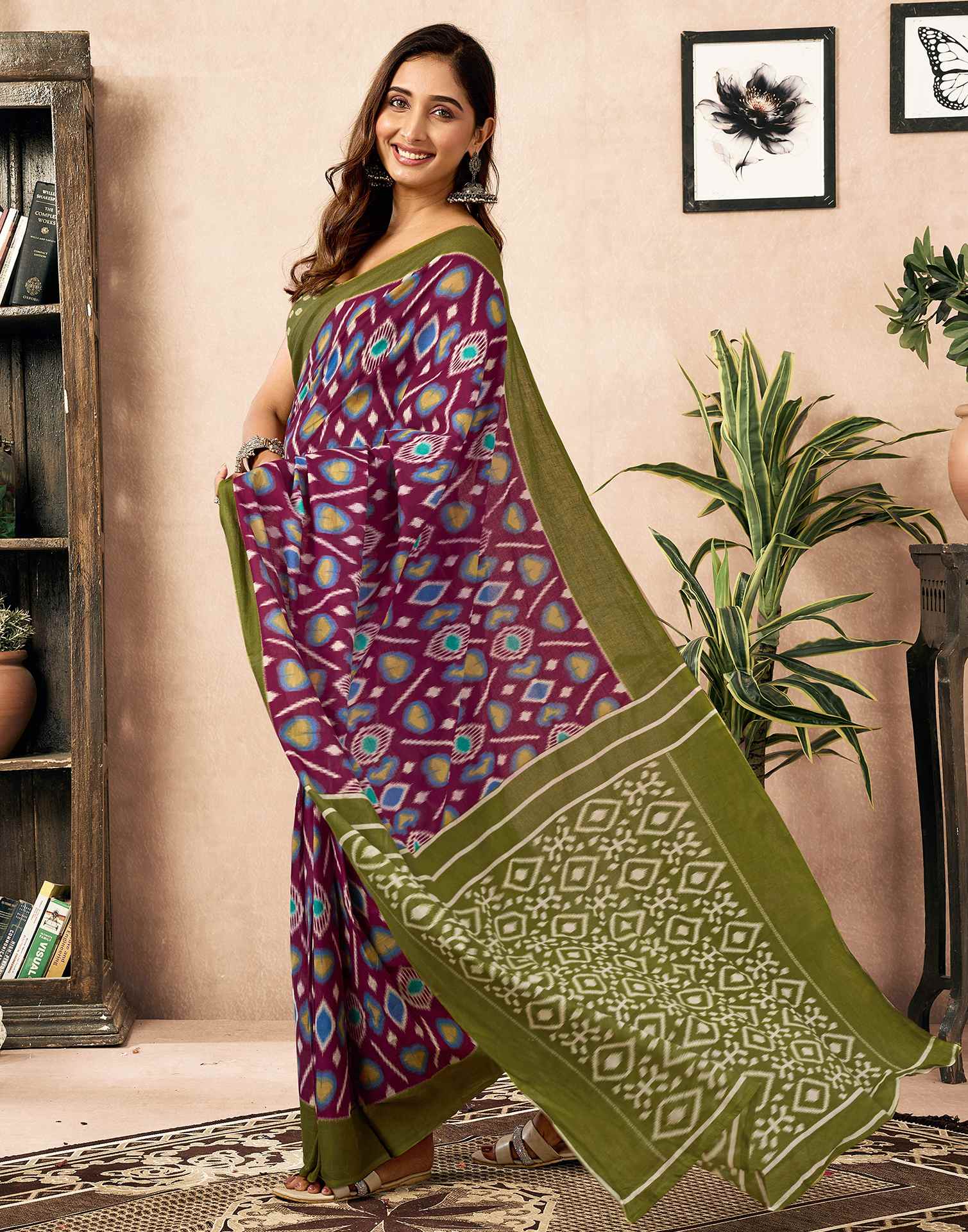 Ready To Wear Wine Cotton Printed Saree - Image 8