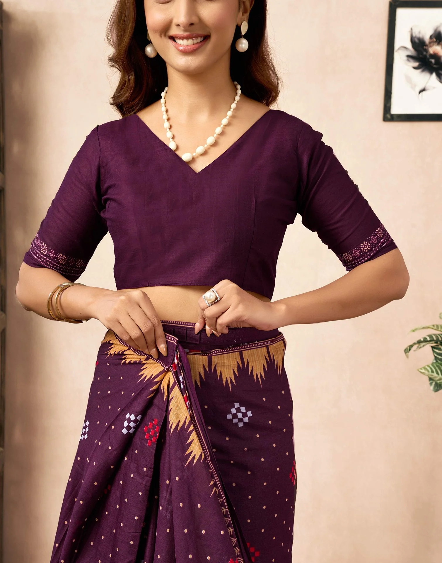 Shweta Tiwari Plum Wine Ready To Wear Cotton Saree - Image 2