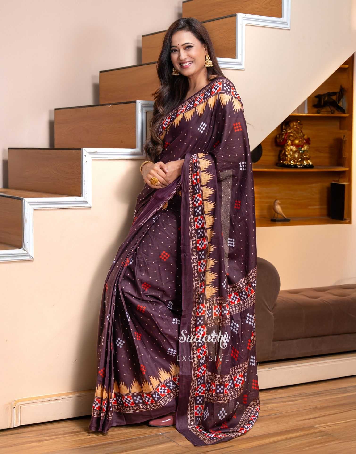 Shweta Tiwari Plum Wine Ready To Wear Cotton Saree - Image 3
