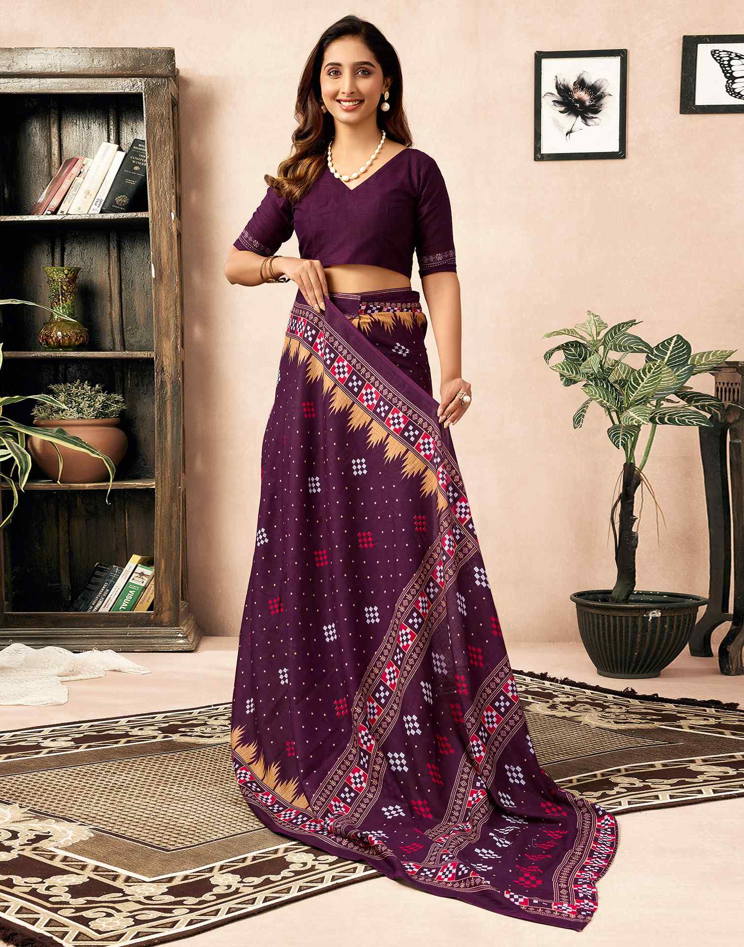 Shweta Tiwari Plum Wine Ready To Wear Cotton Saree - Image 4